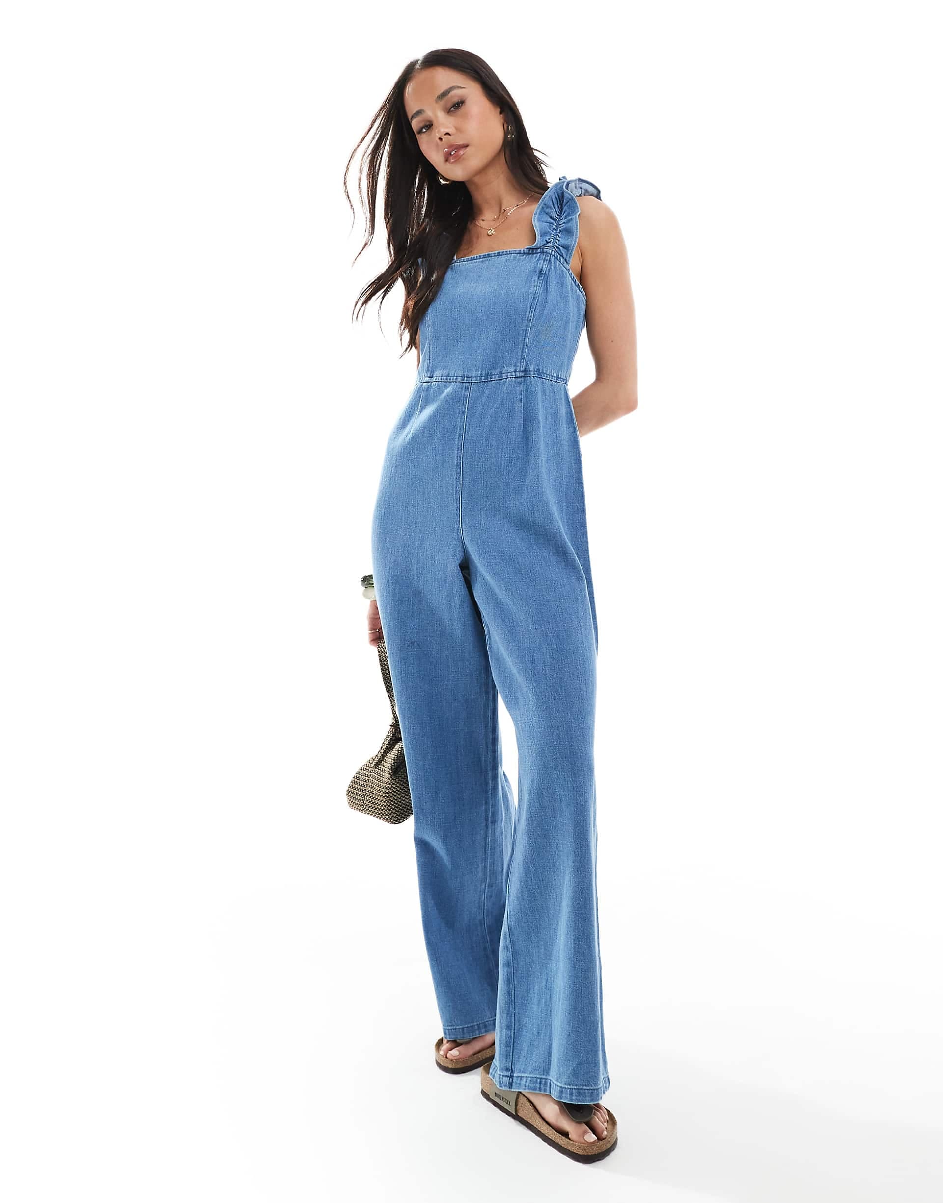ASOS DESIGN soft denim jumpsuit with frill straps in light blue