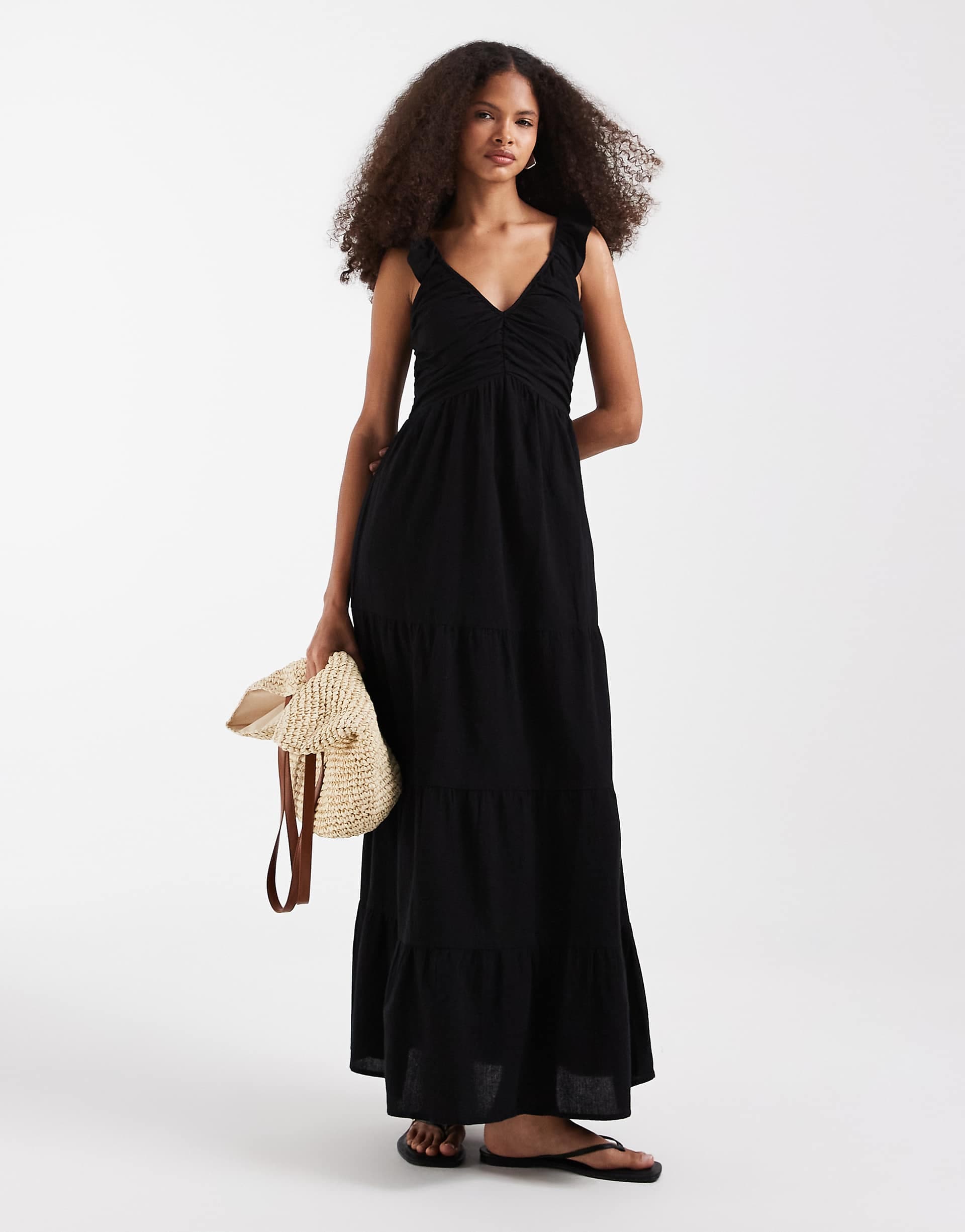 Vero Moda cotton ruched plunge front tiered maxi dress in black