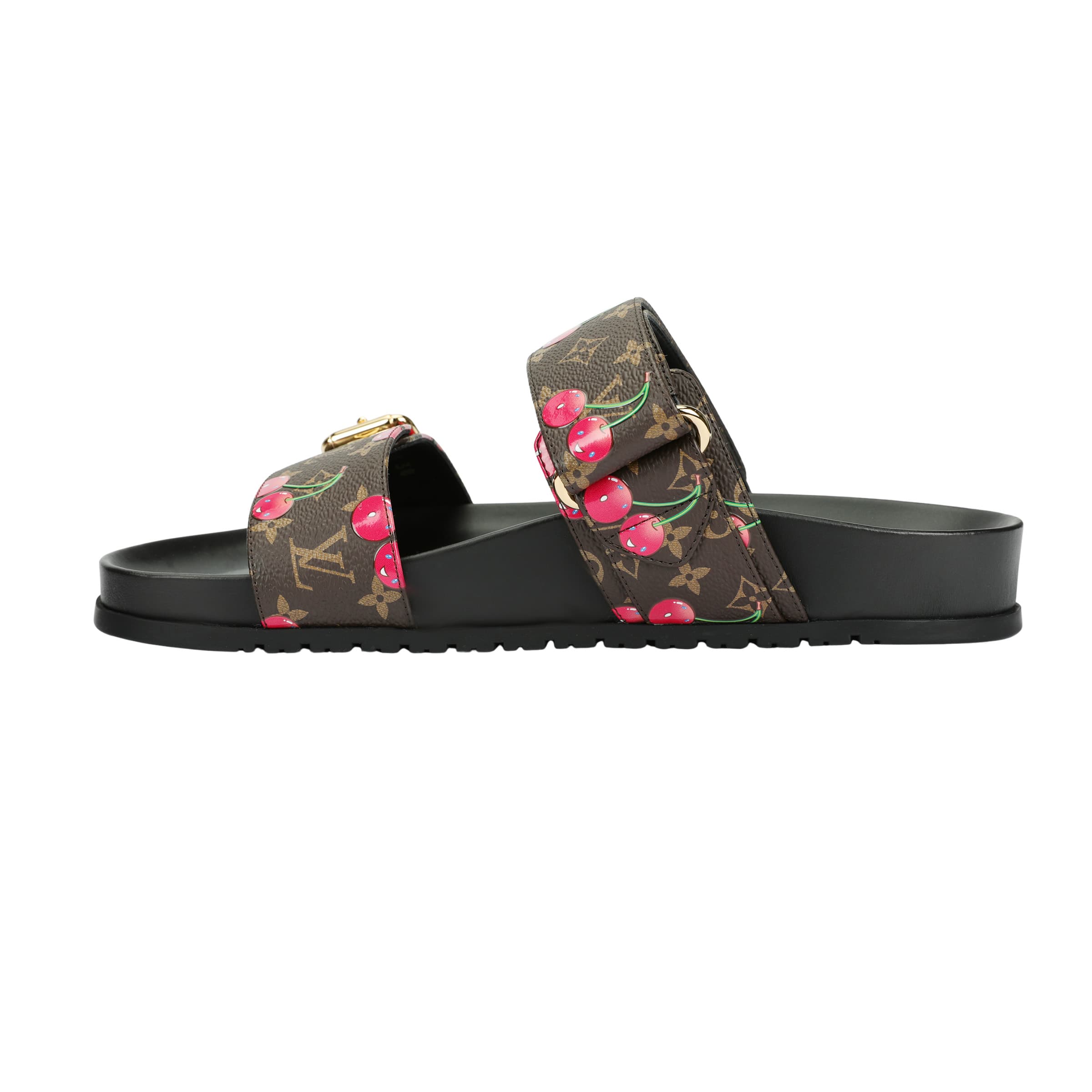 Takashi Murakami x LOUIS VUITTON Bom Dia Cherry Series Coated Canvas Round Toe Flat Comfortable Mules Silent Flip-Flops Women's Brown