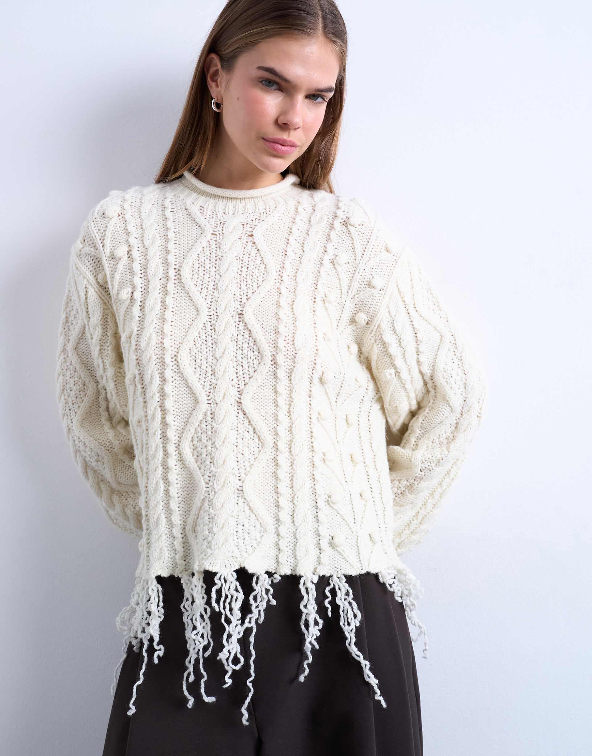 Topshop distressed cable knit sweater in ivory