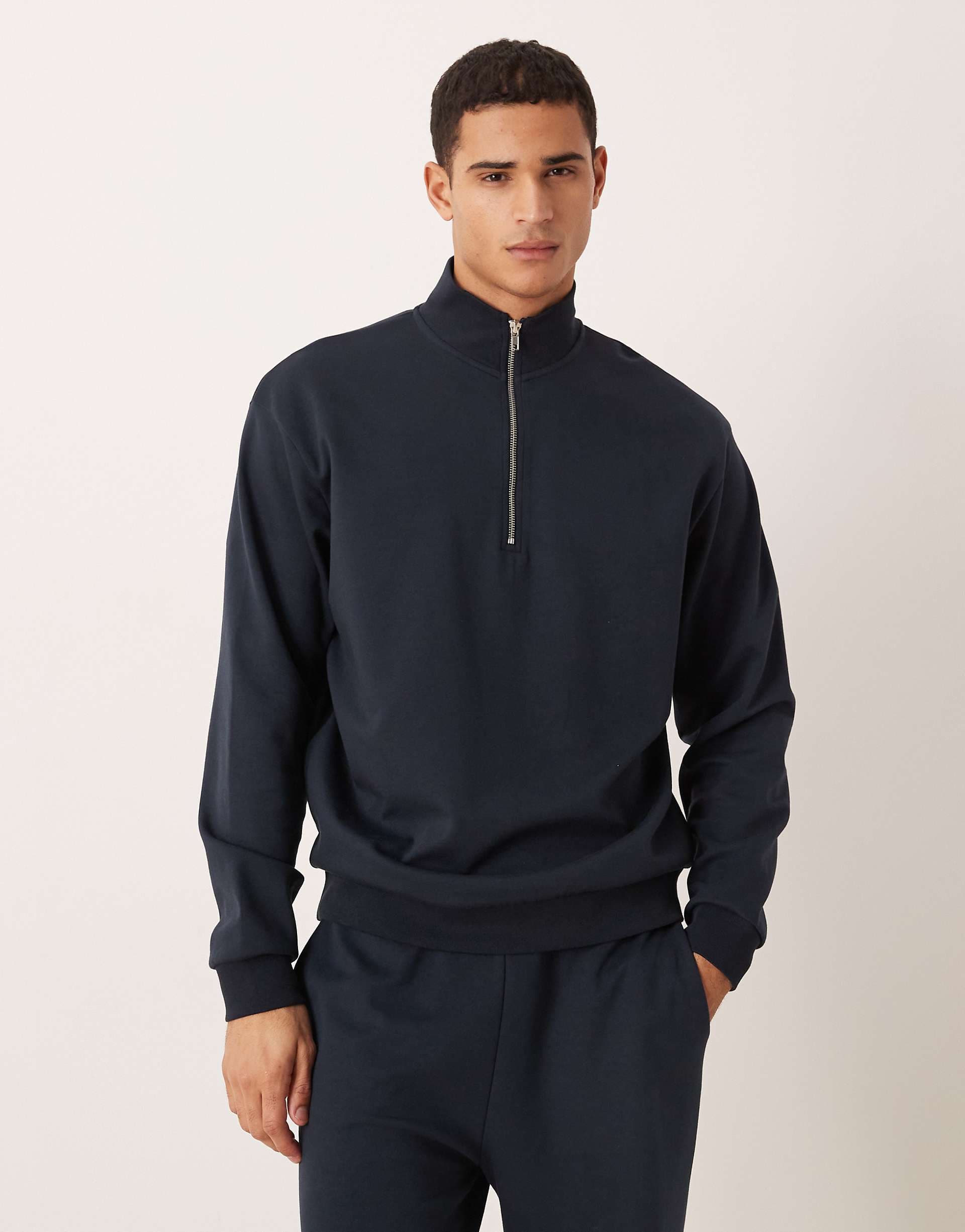 ASOS DESIGN soft touch relaxed quarter zip sweatshirt in navy - part of a set