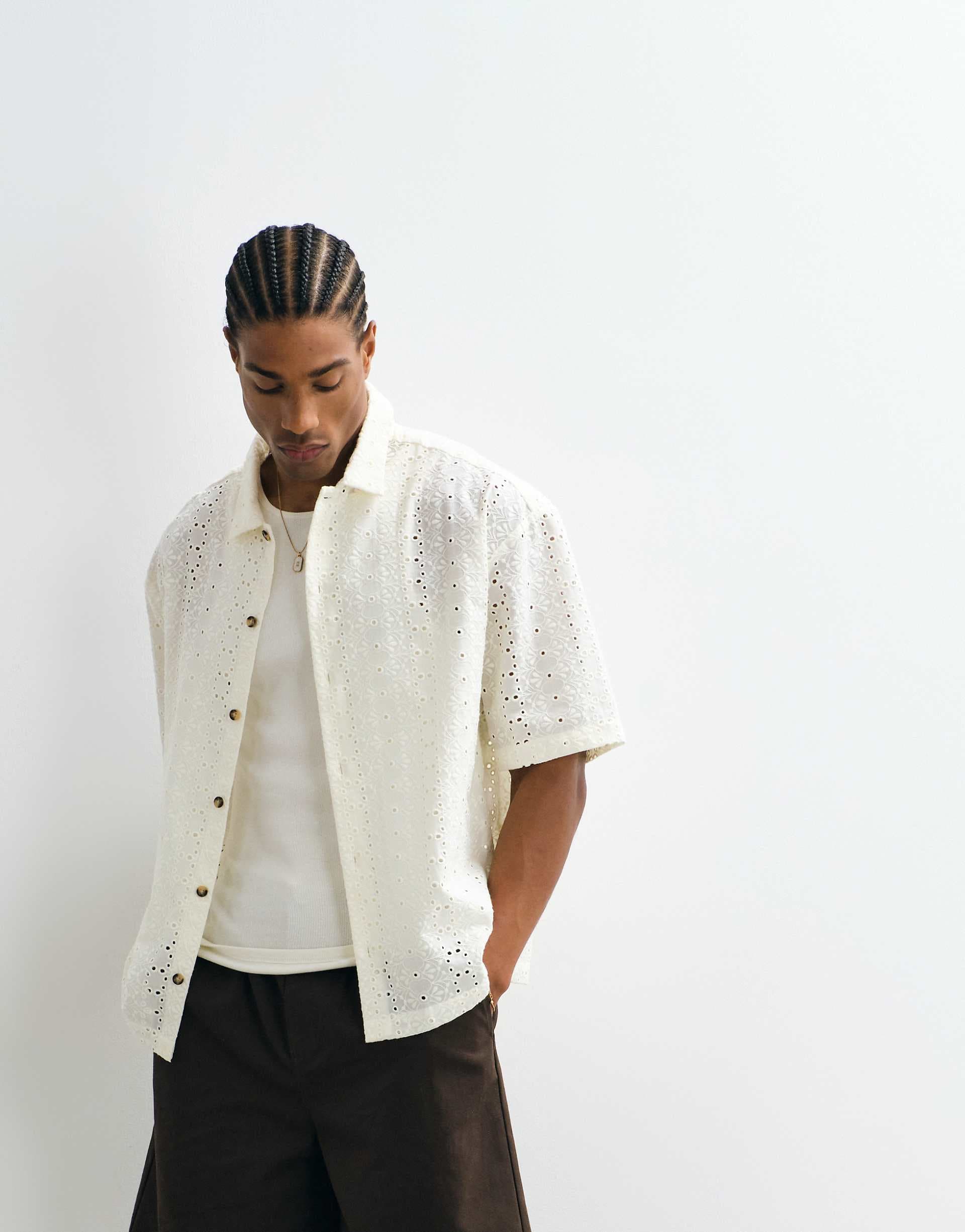 ASOS DESIGN boxy oversized broderie shirt in off white