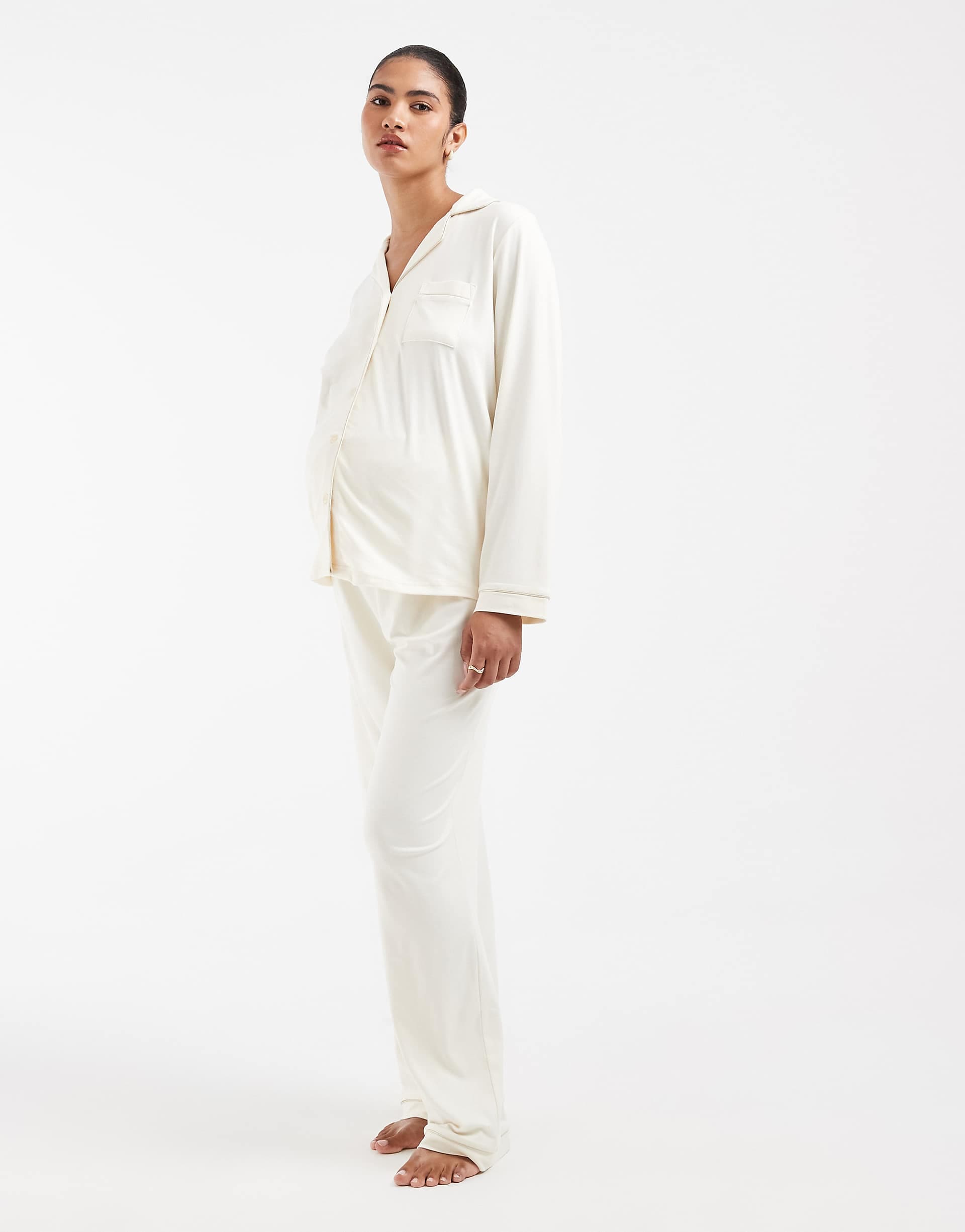 Loungeable Maternity super soft jersey revere top and wide leg pants pajama set in marshmallow
