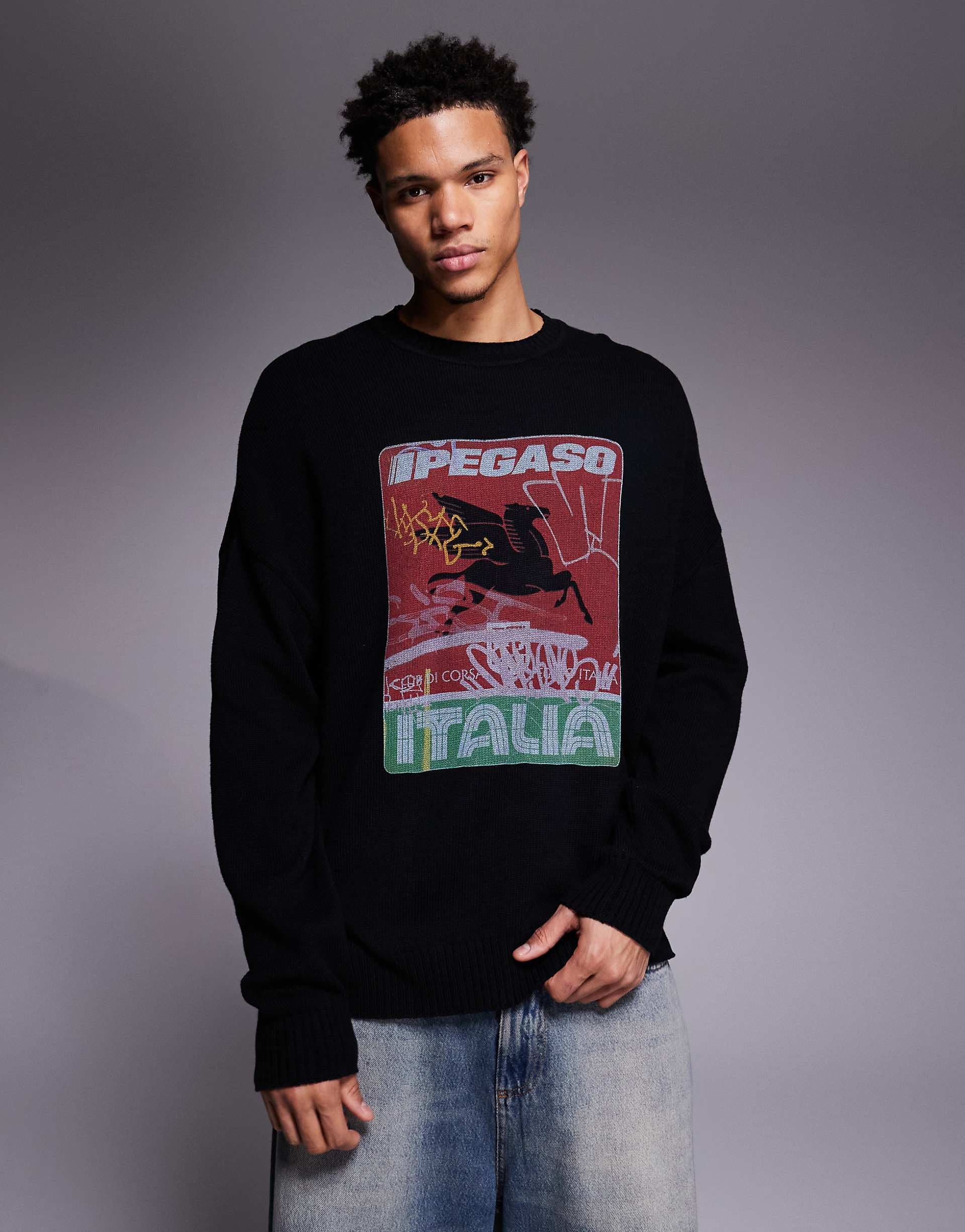 ASOS DESIGN oversized knit crew neck sweater with Ipegaso print in black