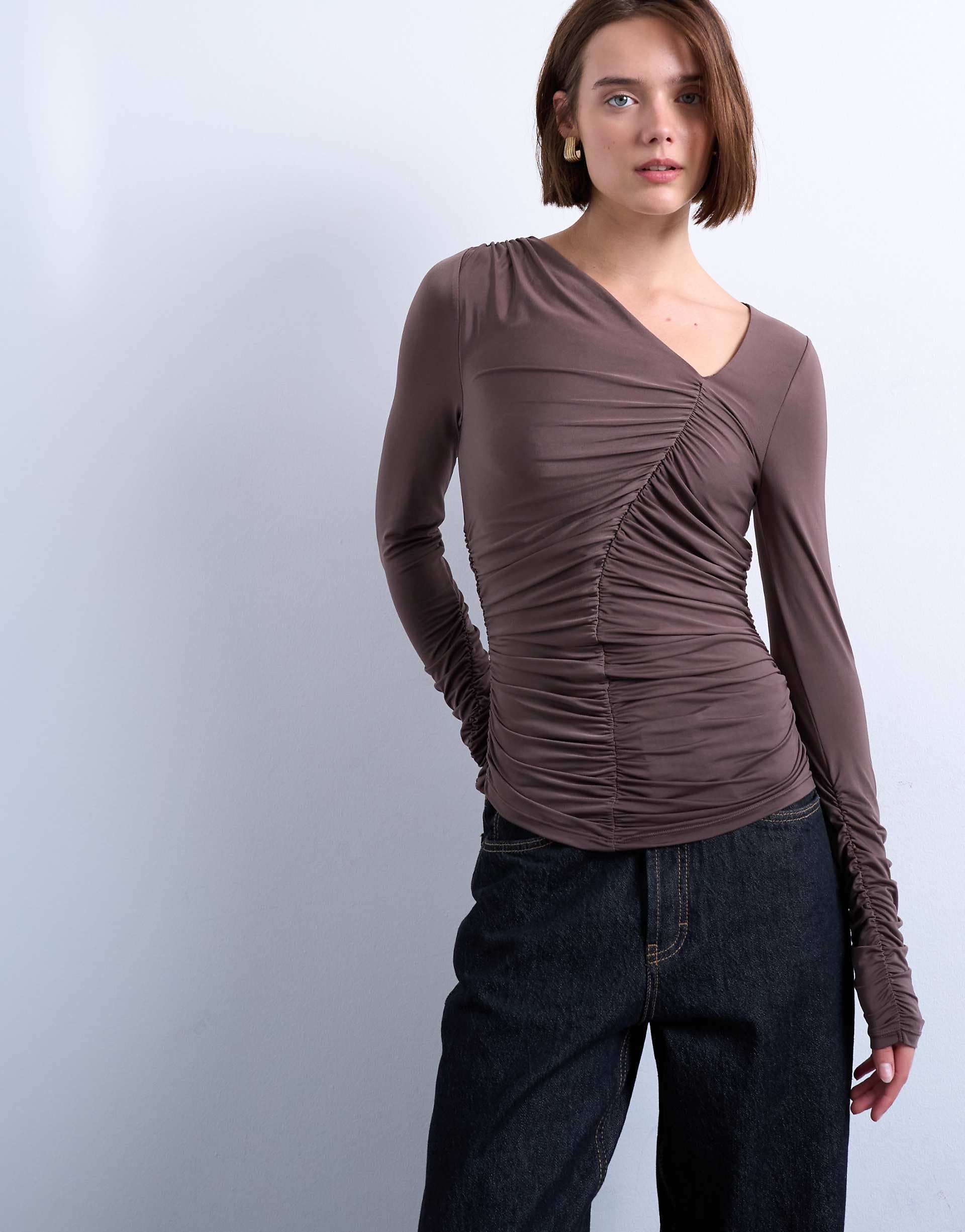 Topshop asymmetric ruched long sleeve top in brown