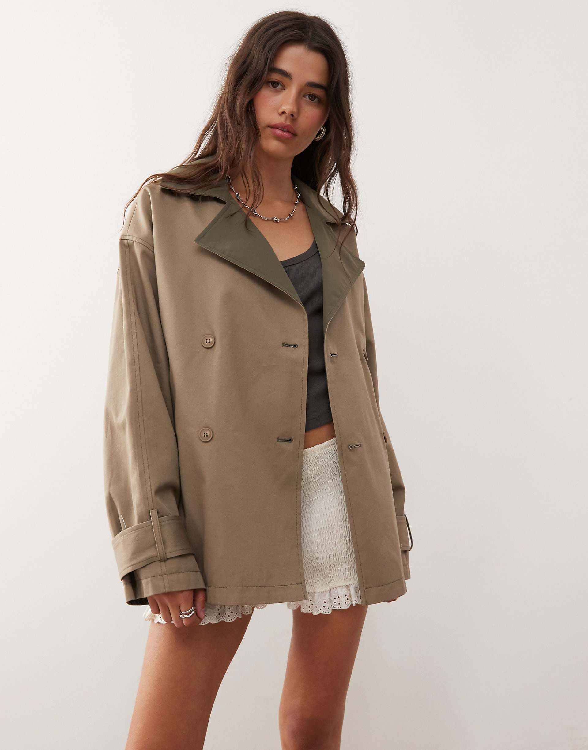 Monki reversible short trench coat with contrast brown collar in tan