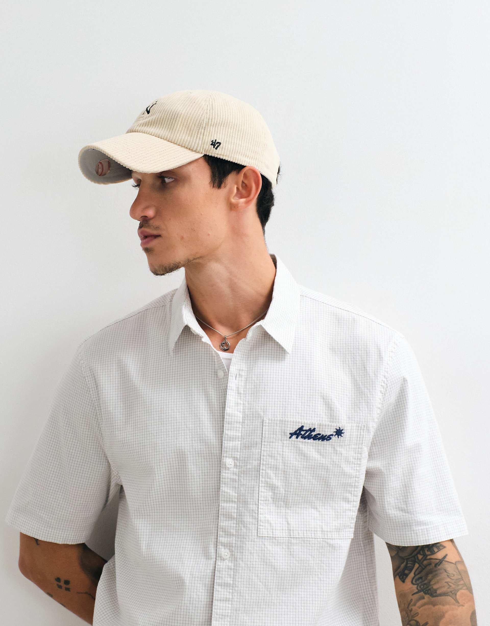 Hollister graphic short sleeve shirt in white micro plaid