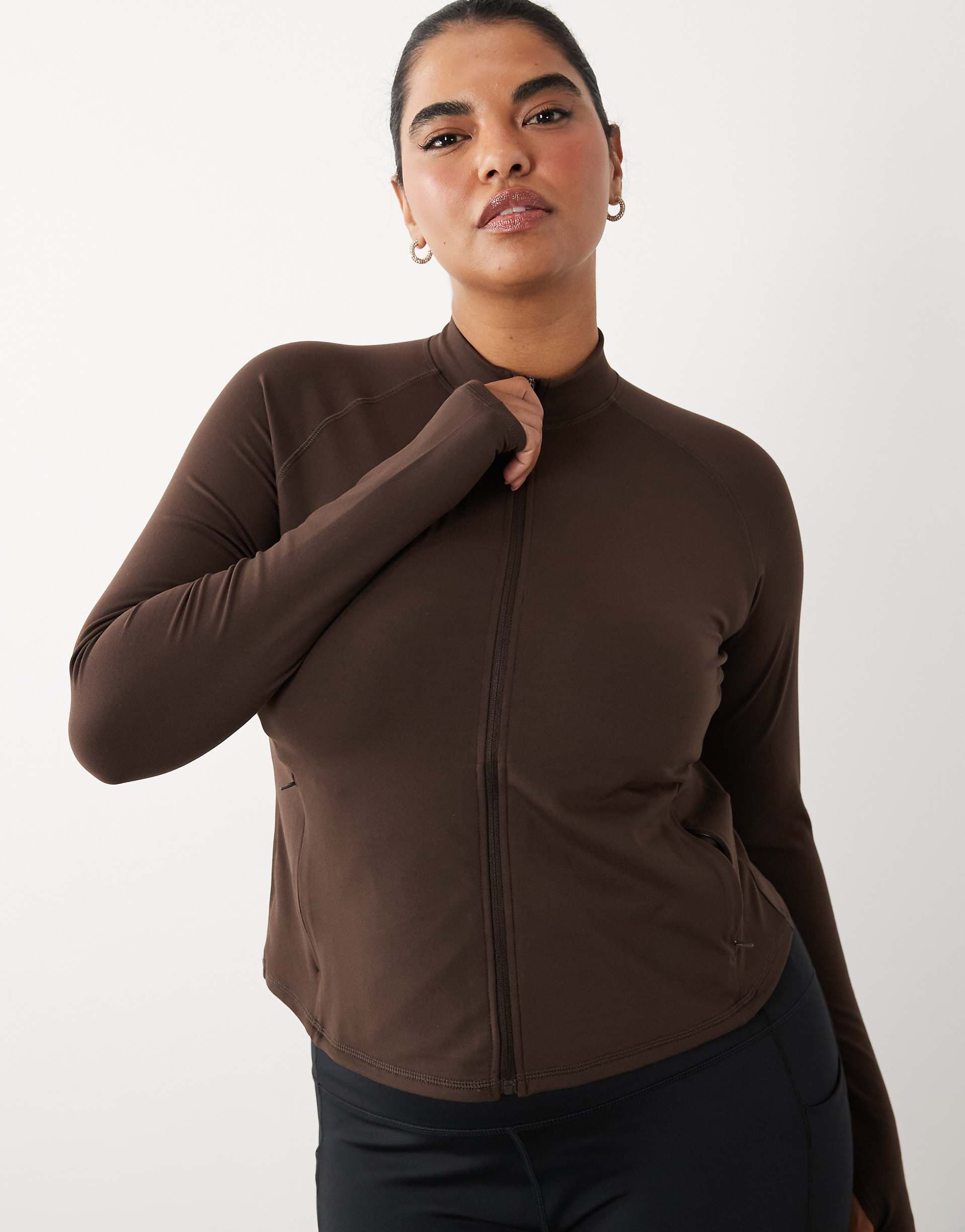 4505 Curve Icon soft touch zip up long sleeve performance top in chocolate