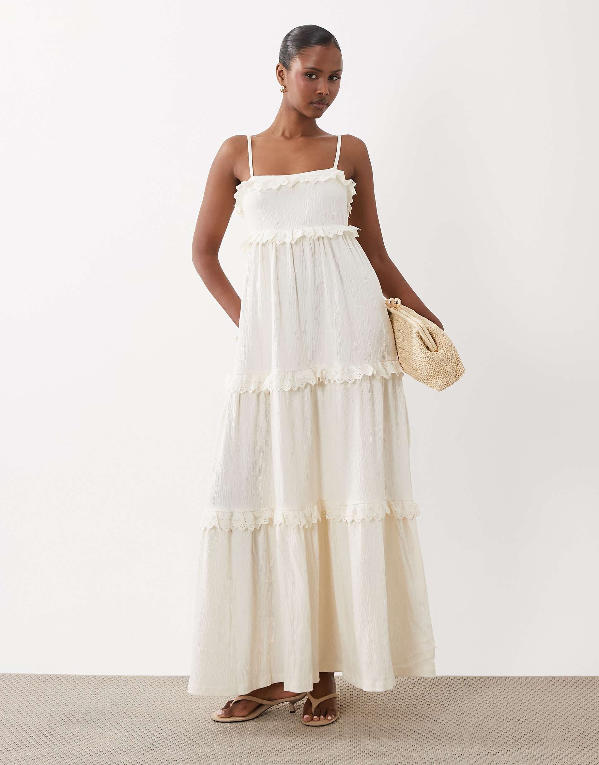 ASOS DESIGN lace trim tiered crinkle cami midi dress in cream
