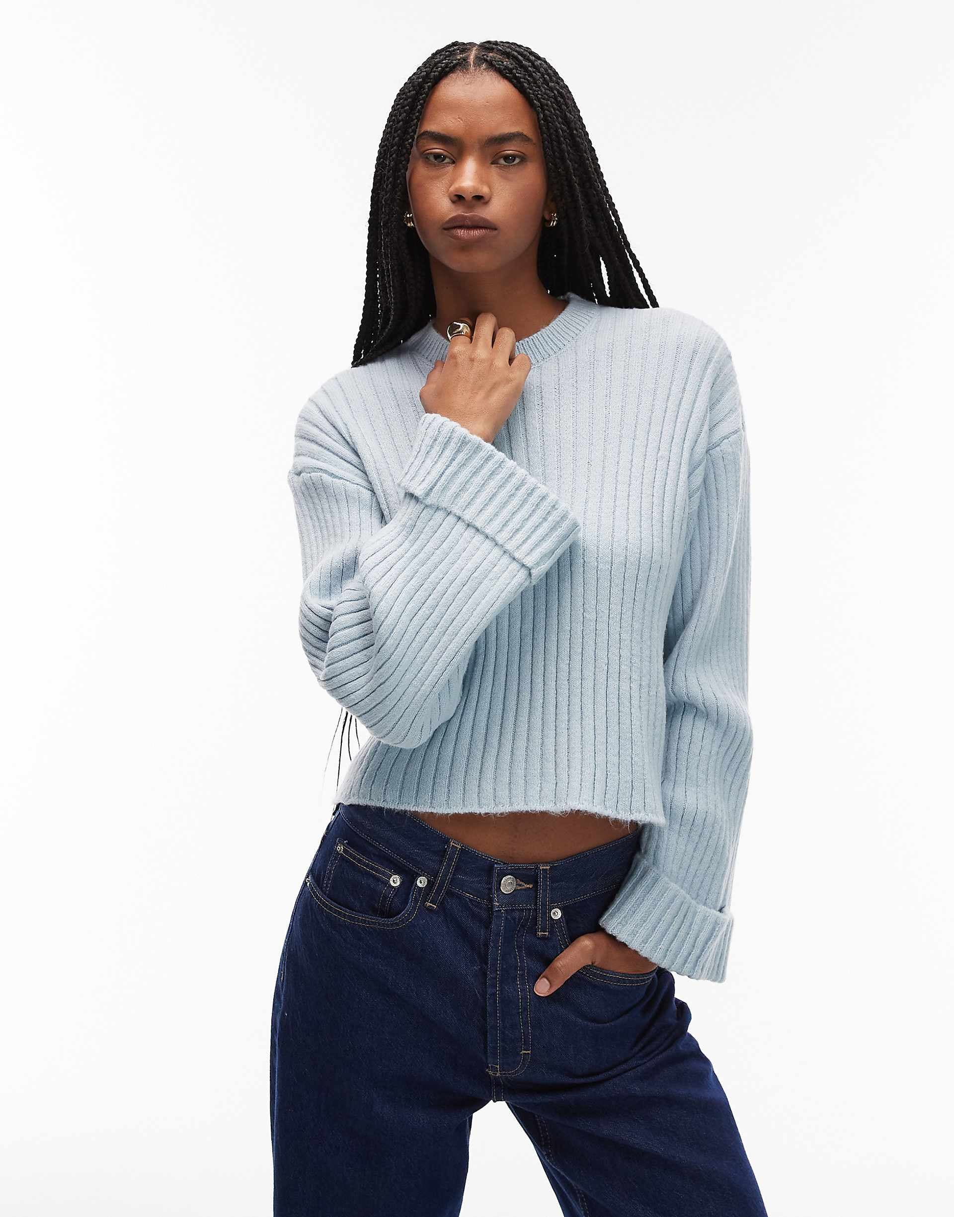 ASOS DESIGN knit sweater with turn up cuff in blue