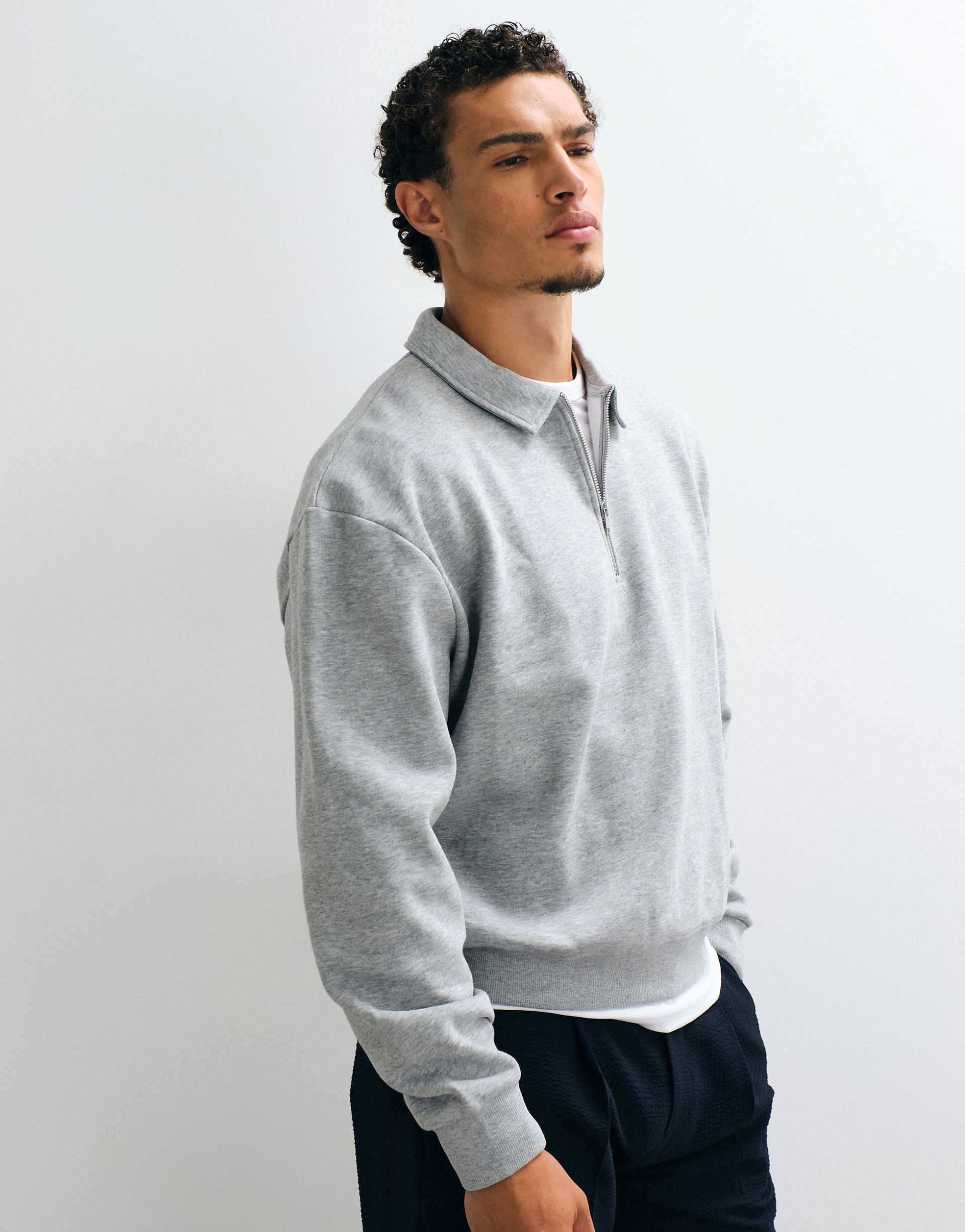 ASOS DESIGN boxy relaxed quarter zip sweatshirt with collar in gray heather