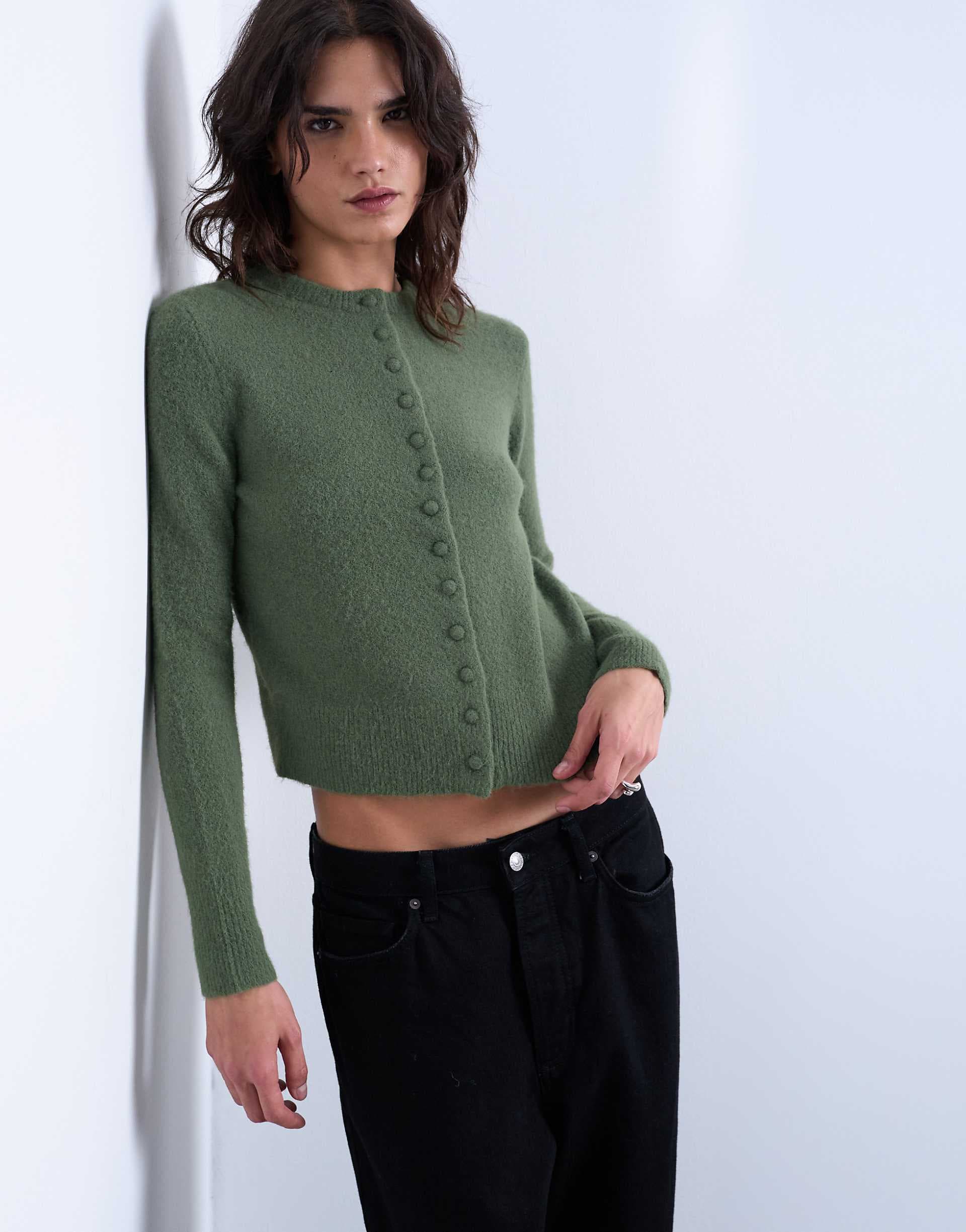 Topshop knit covered buttons cardigan in green