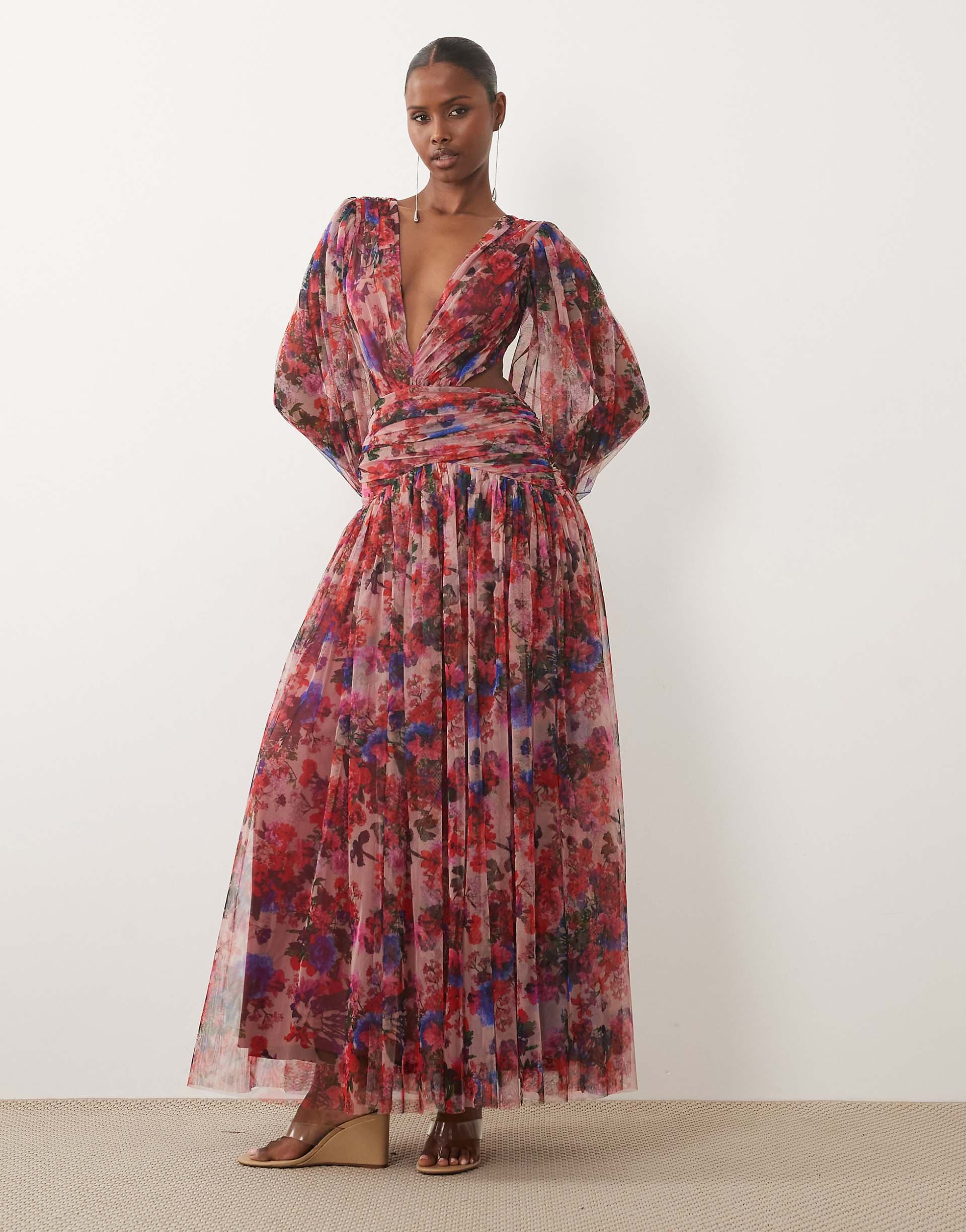 Lace & Beads tulle plunge drop hem open back maxi dress in red floral
