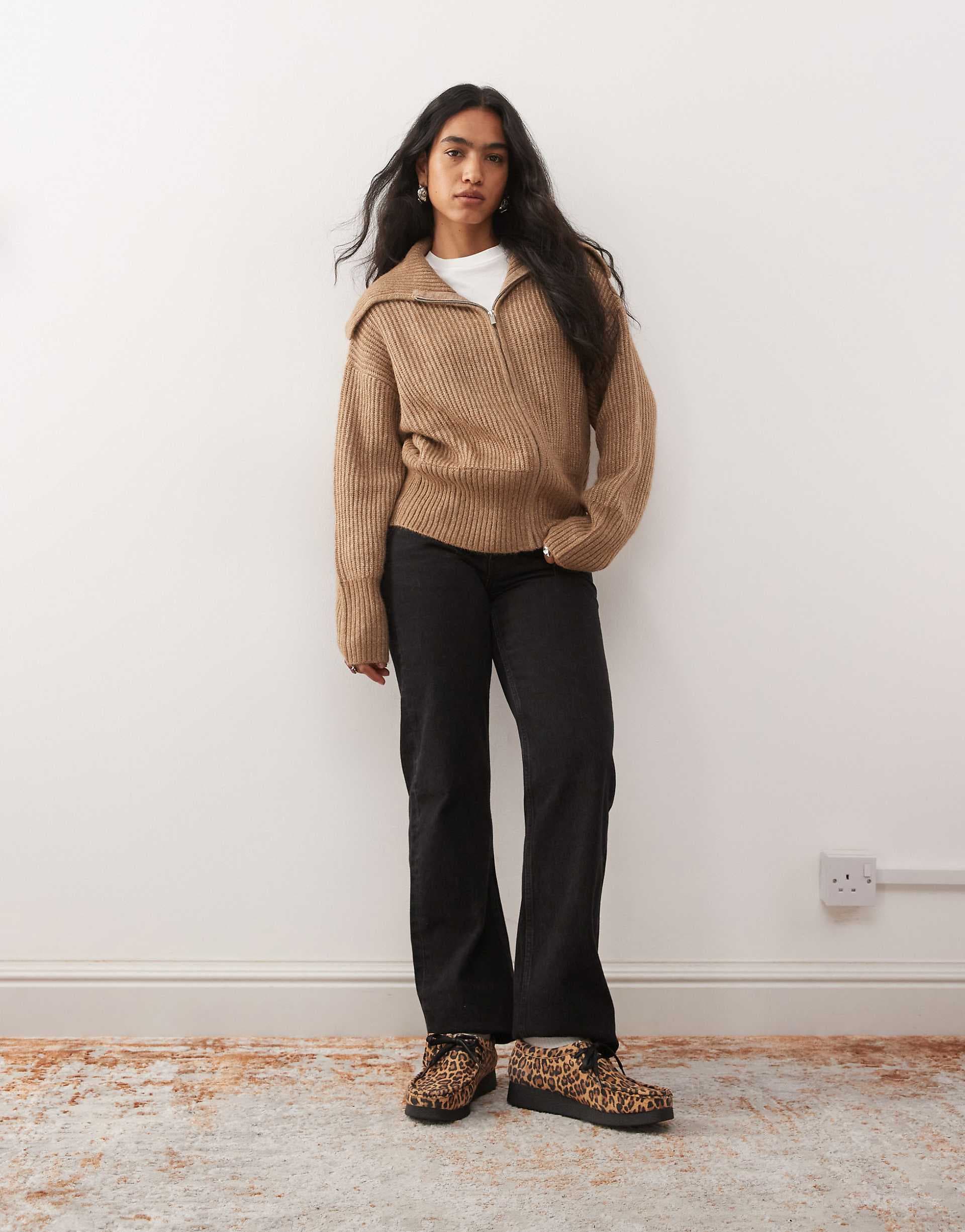COLLUSION knit zip up cardigan in mocha brown