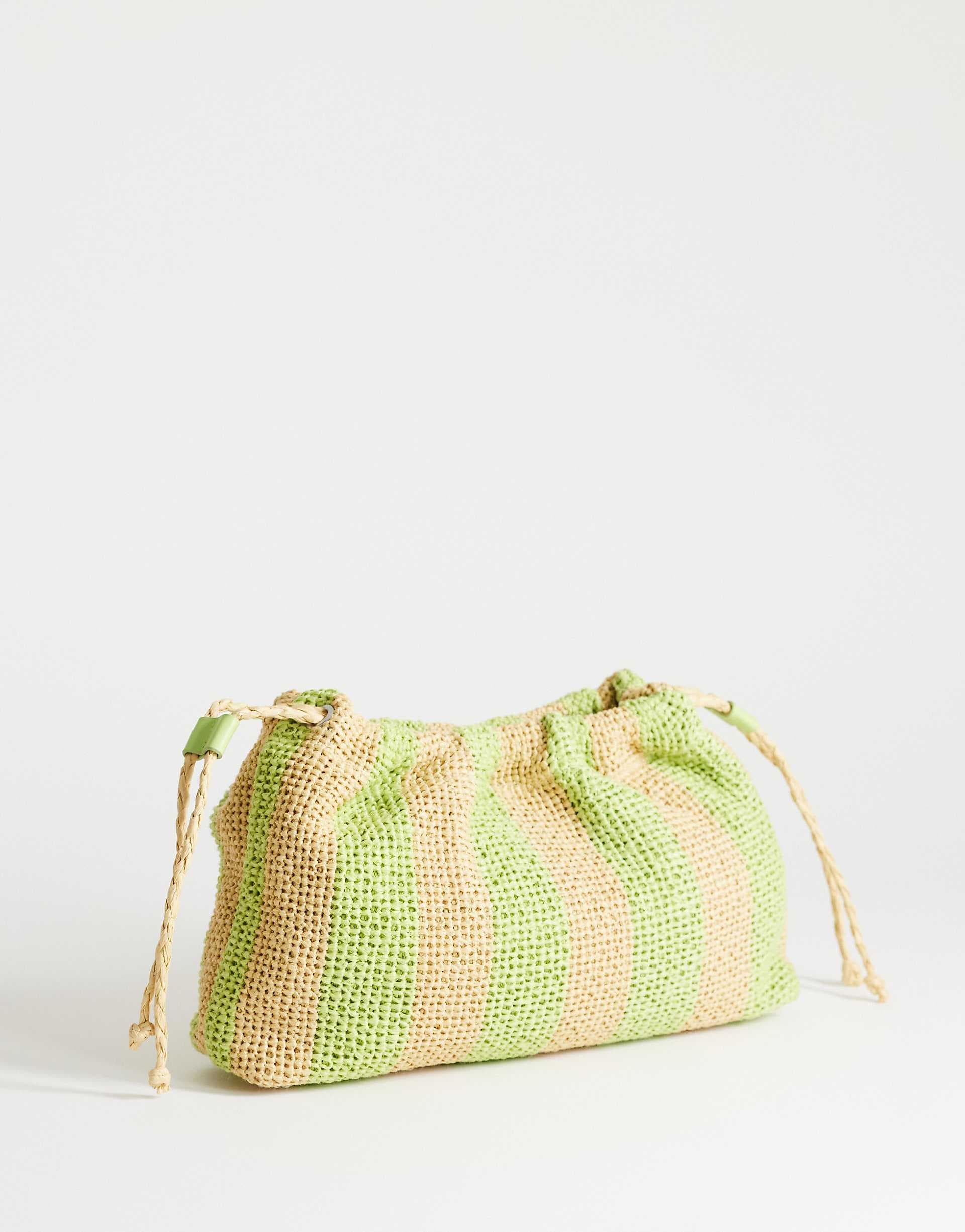 Topshop Jay medium striped straw clutch bag in lime & natural