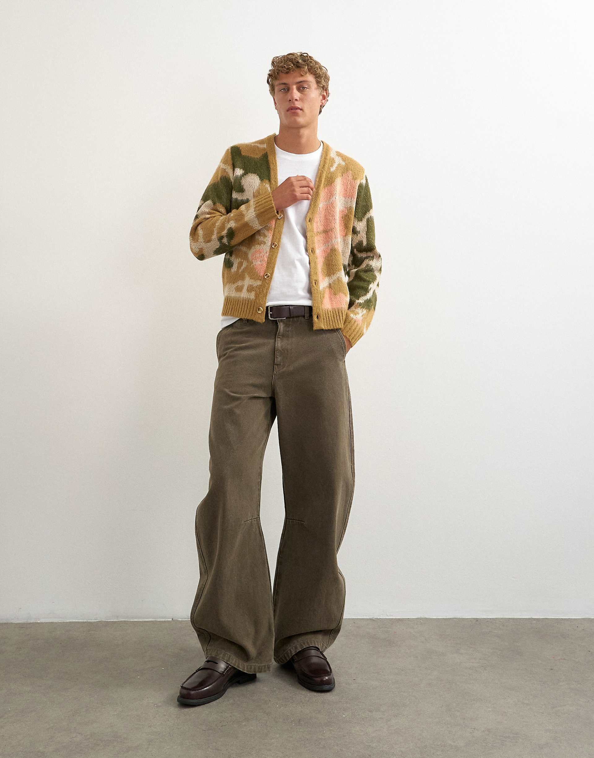 Topman classic fit knit cardigan with abstract camo design in stone