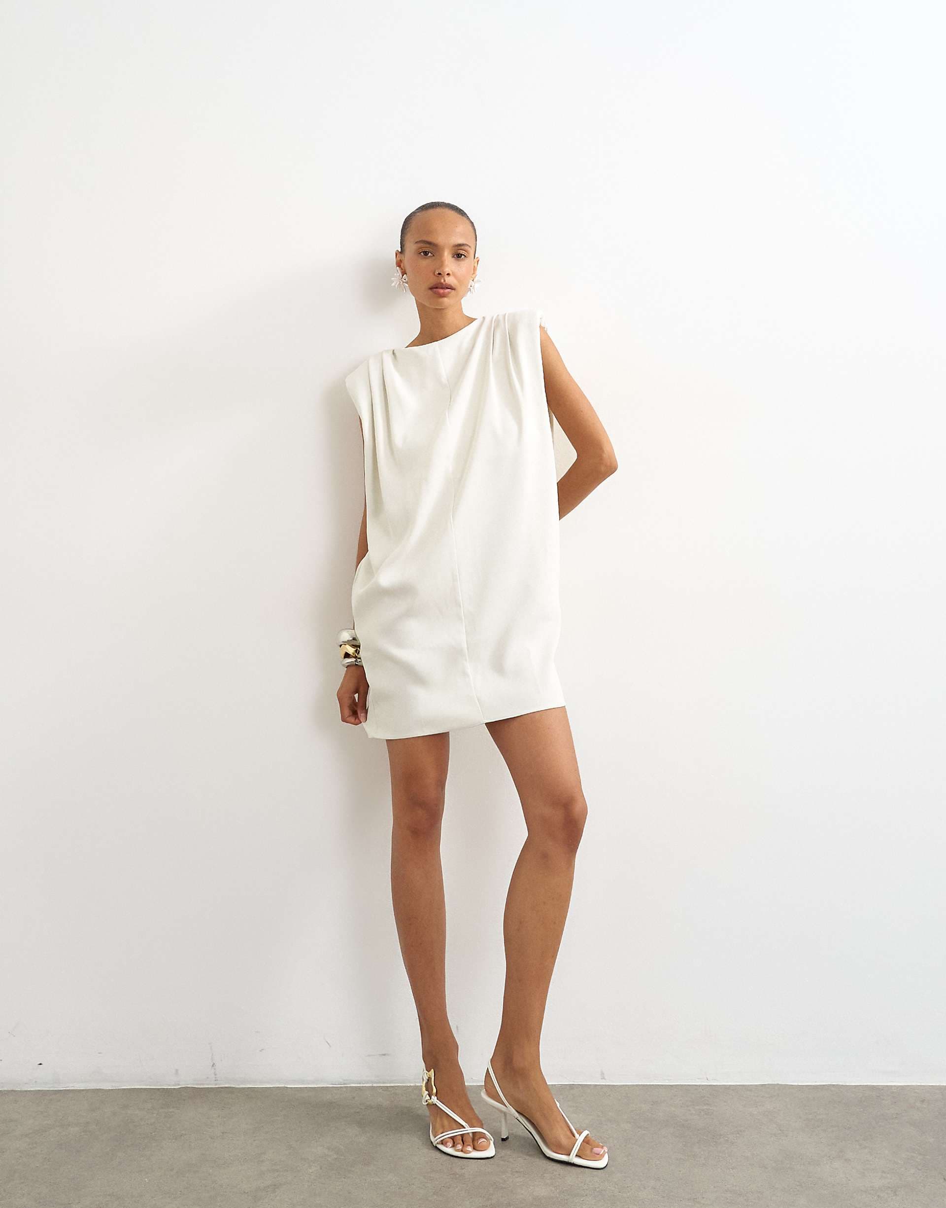 Topshop shoulder pads structured mini dress in off white