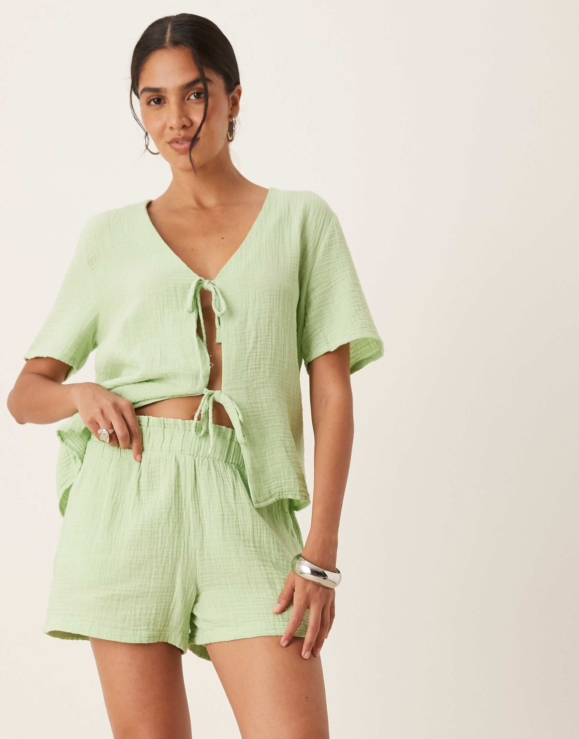 JDY cheesecloth shorts in pistachio green - part of a set