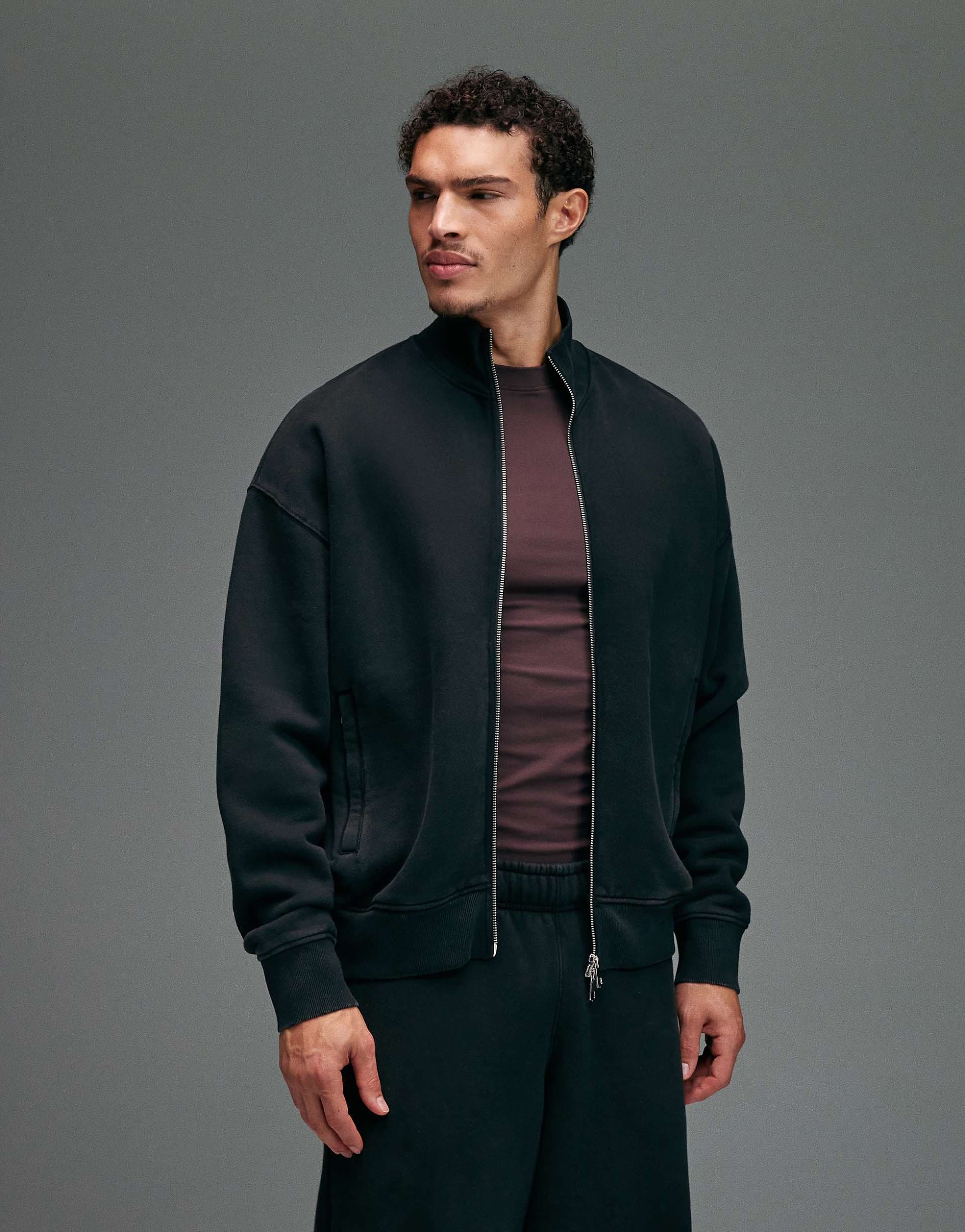 4505 Rest Day heavyweight 440gsm cotton oversized boxy zip-up funnel neck sweatshirt in washed black