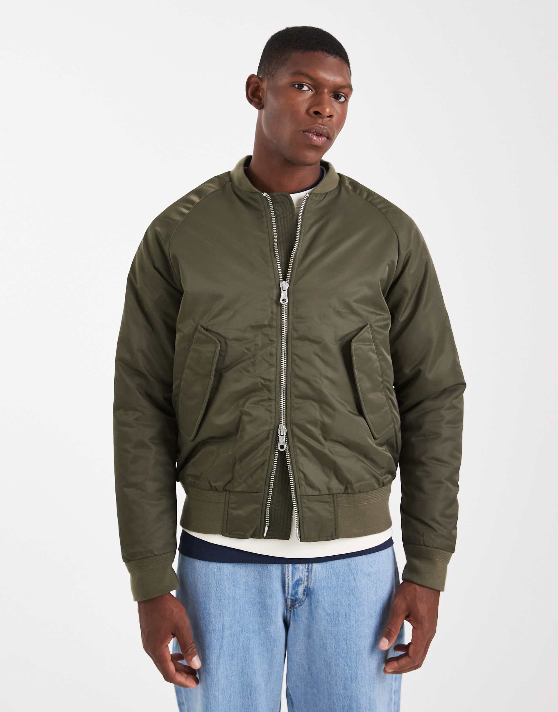 Jack & Jones bomber jacket with contrast lining in olive green