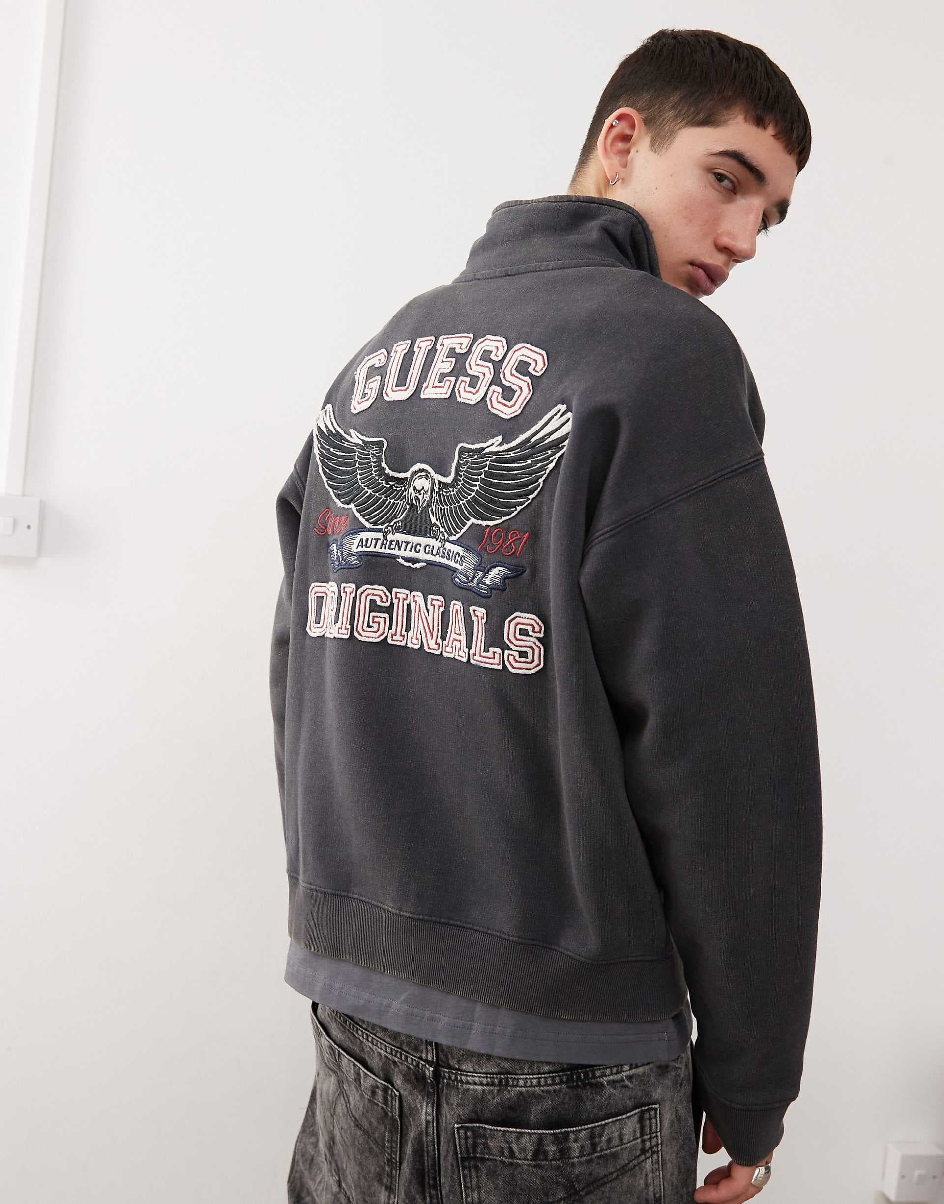 Guess Originals washed half zip sweatshirt in black with back embroidery