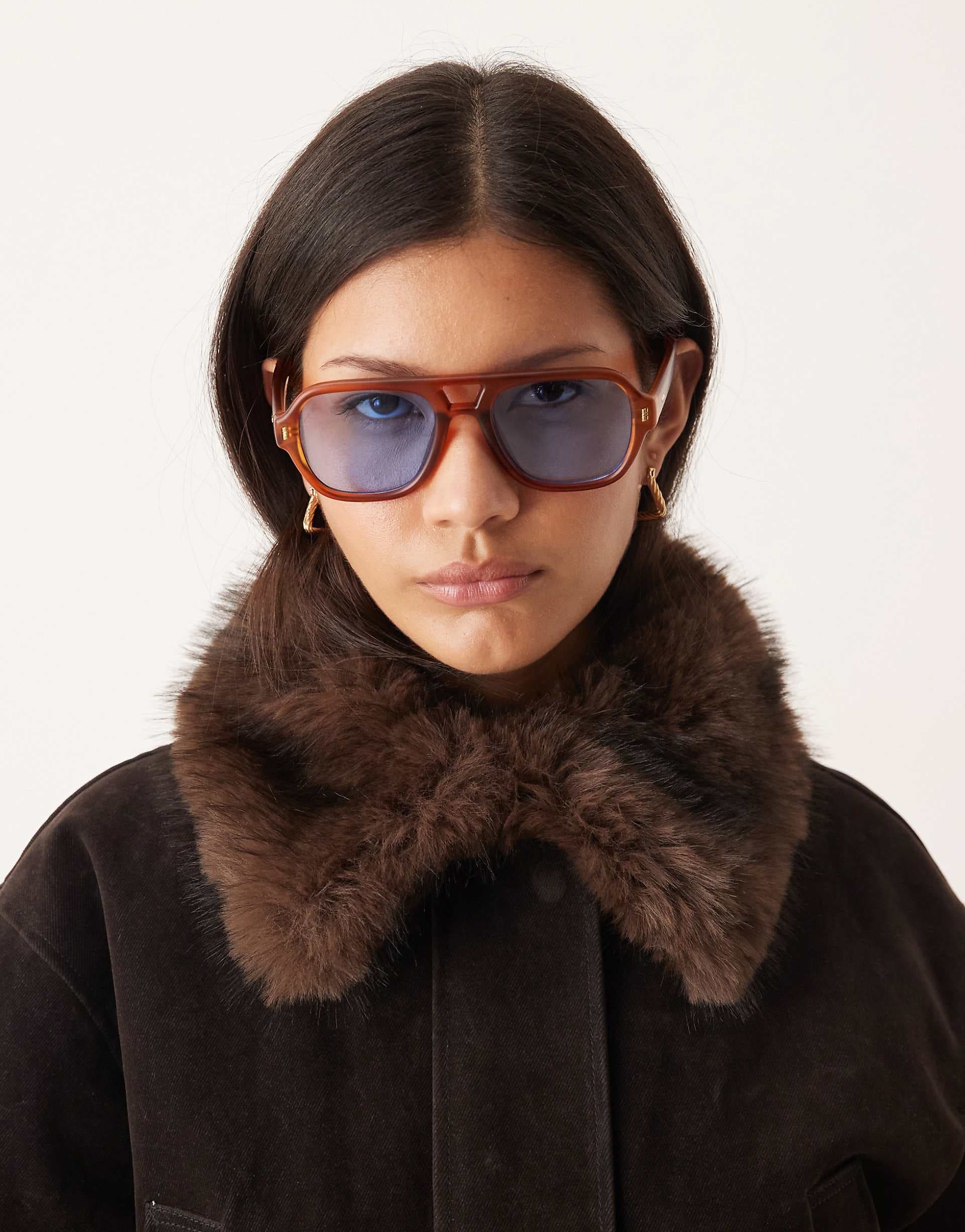 ASOS DESIGN aviator sunglasses in tort with blue lenses