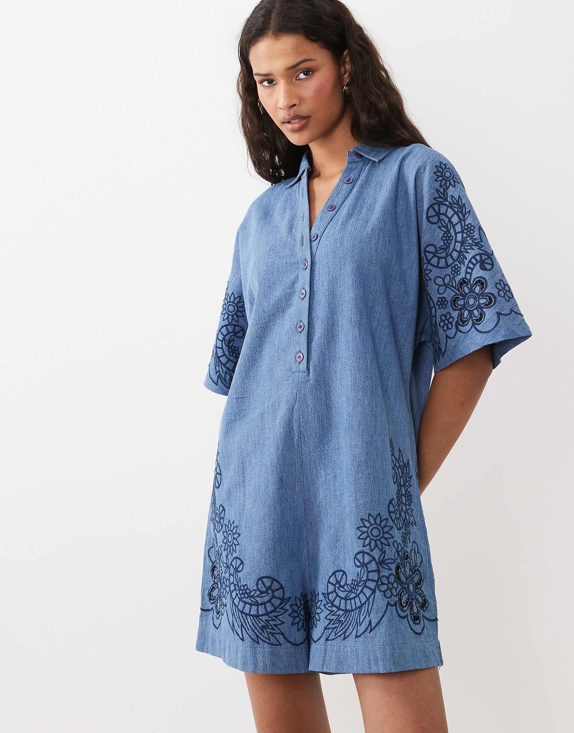 ASOS DESIGN soft denim crochet romper in midwash