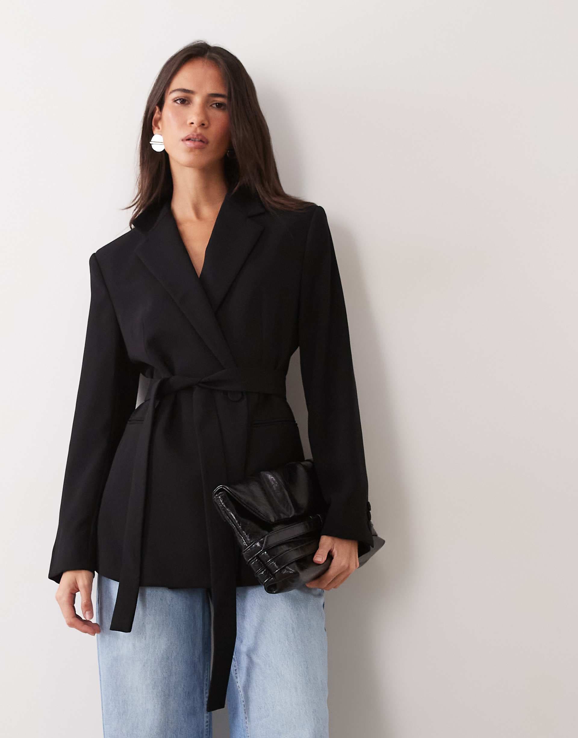 Mango tie waist blazer in black
