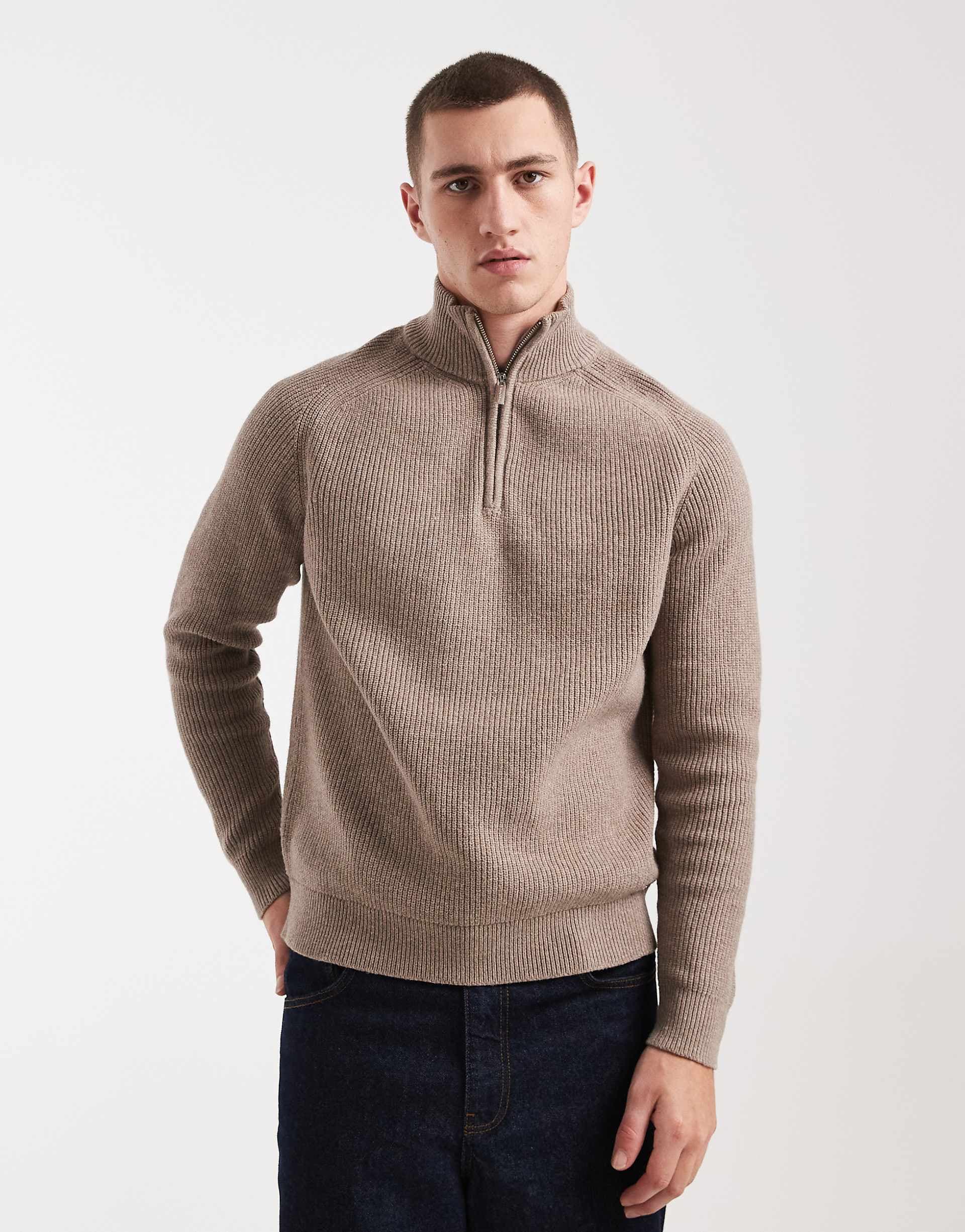 Threadbare cotton blend ribbed 1/4 zip sweater in taupe