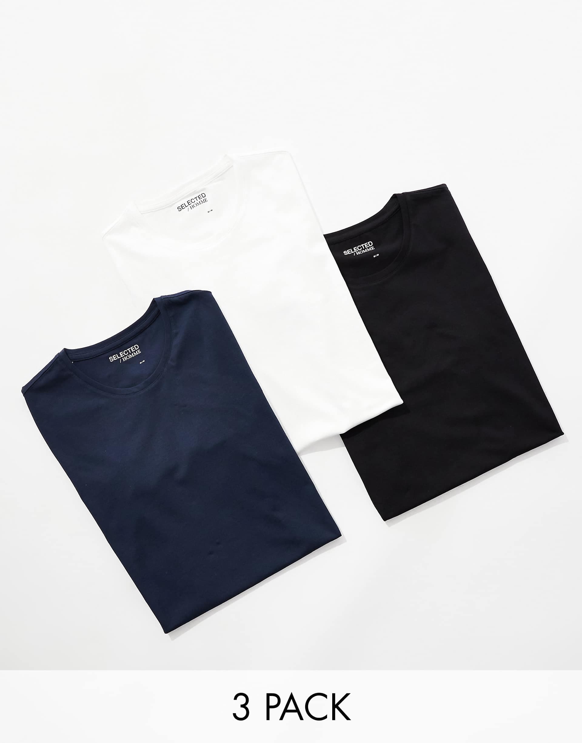 Selected 3 pack T-shirts in black white navy