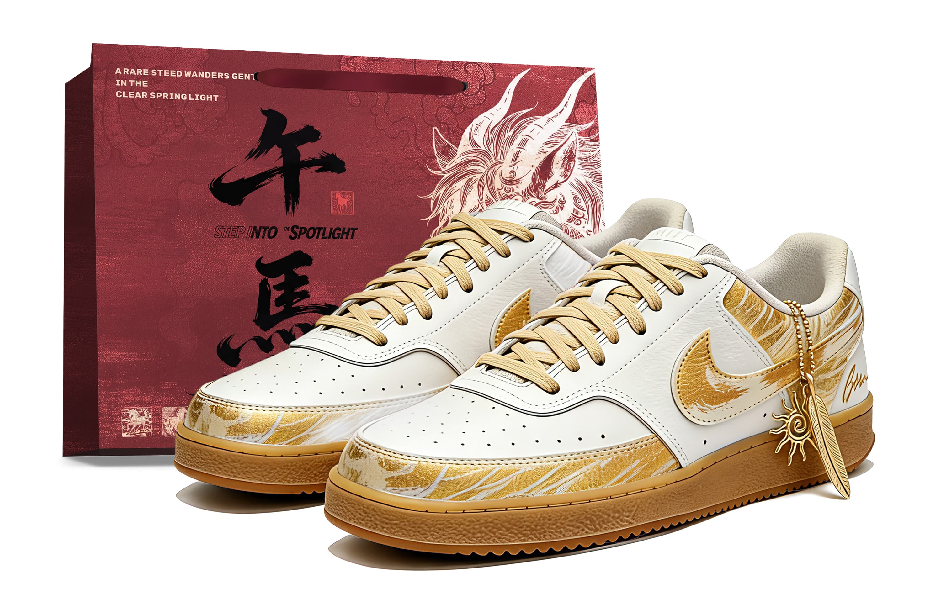 Custom SneakersNike Court Vision 1 'White Gold Wings' CNY Year of the Horse Greeting Chinese Style Gift Bag Boyfriend Maillard Low-Top Skate Shoes Unisex White Gold