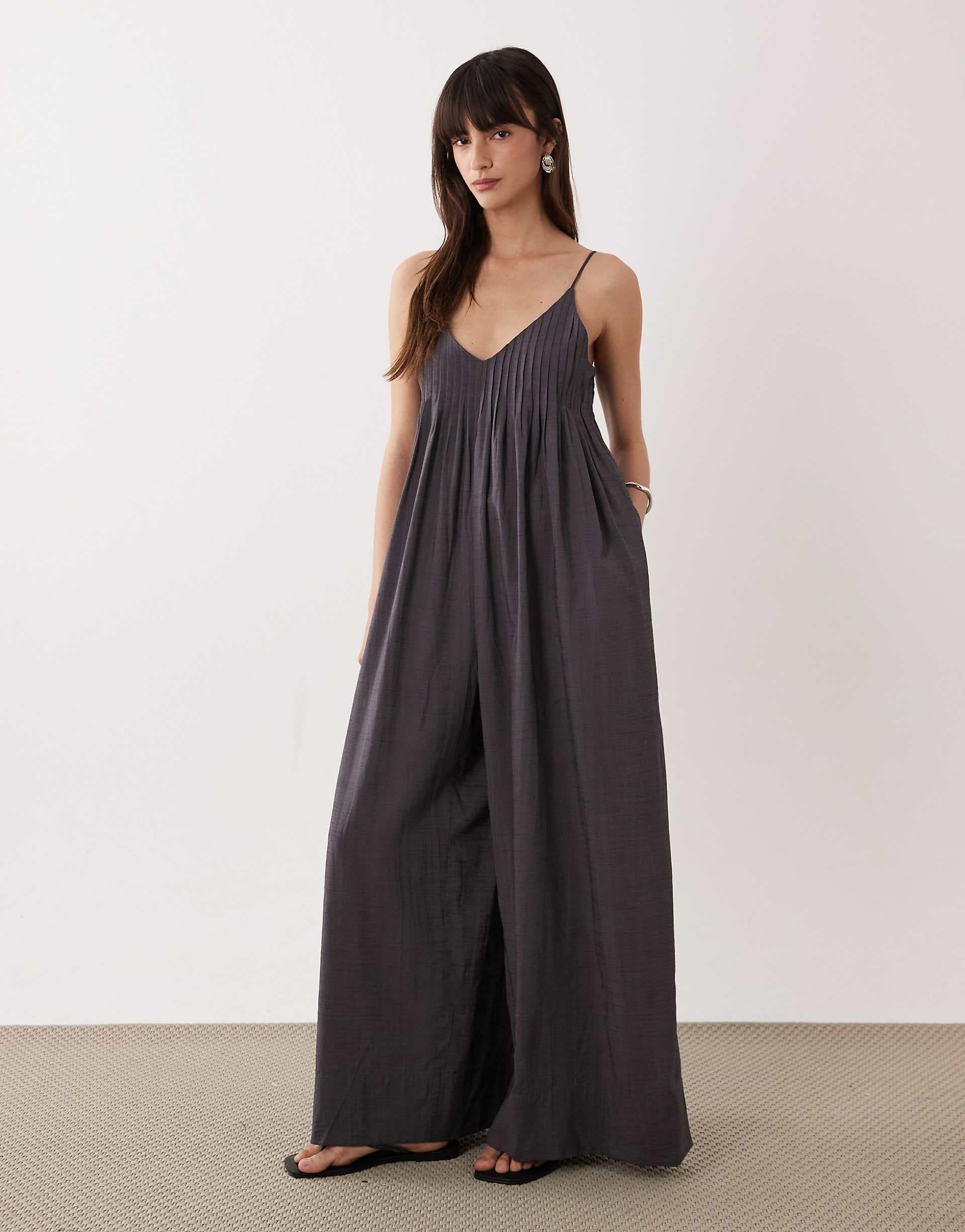 ASOS DESIGN wide leg jumpsuit with pintuck detail in gray