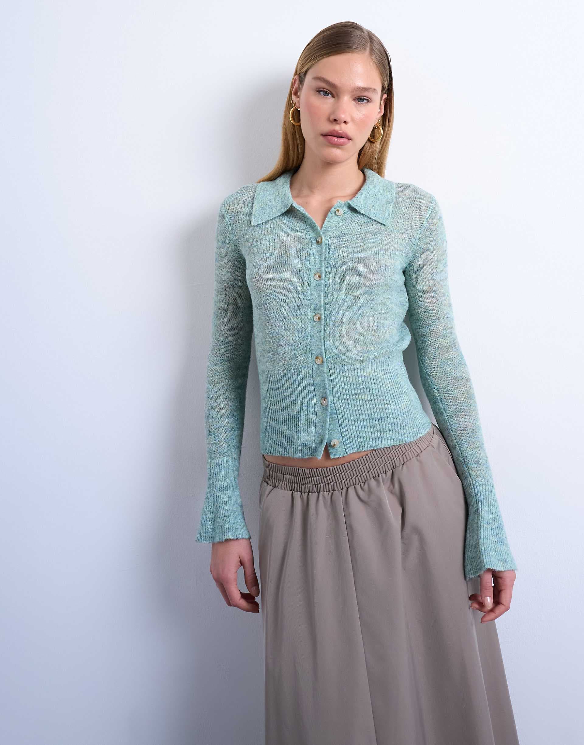 Topshop knit sheer collared cardigan in mint