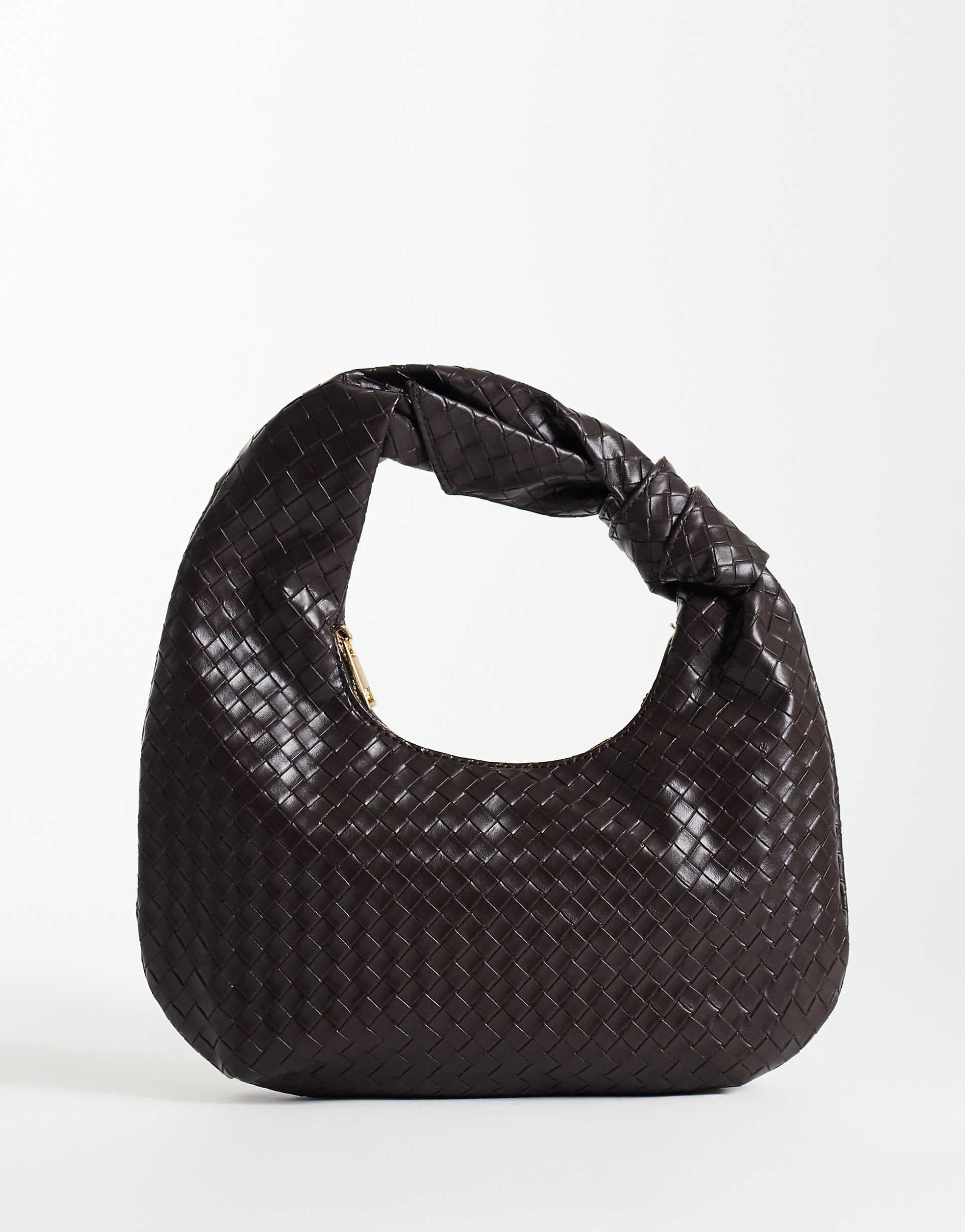 Glamorous woven knot shoulder bag in dark brown
