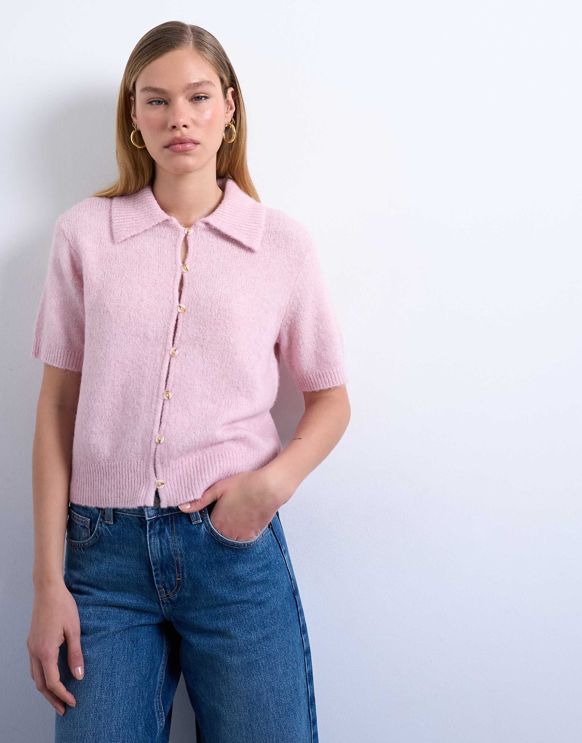 Topshop knit half sleeve collared cardigan in light pink