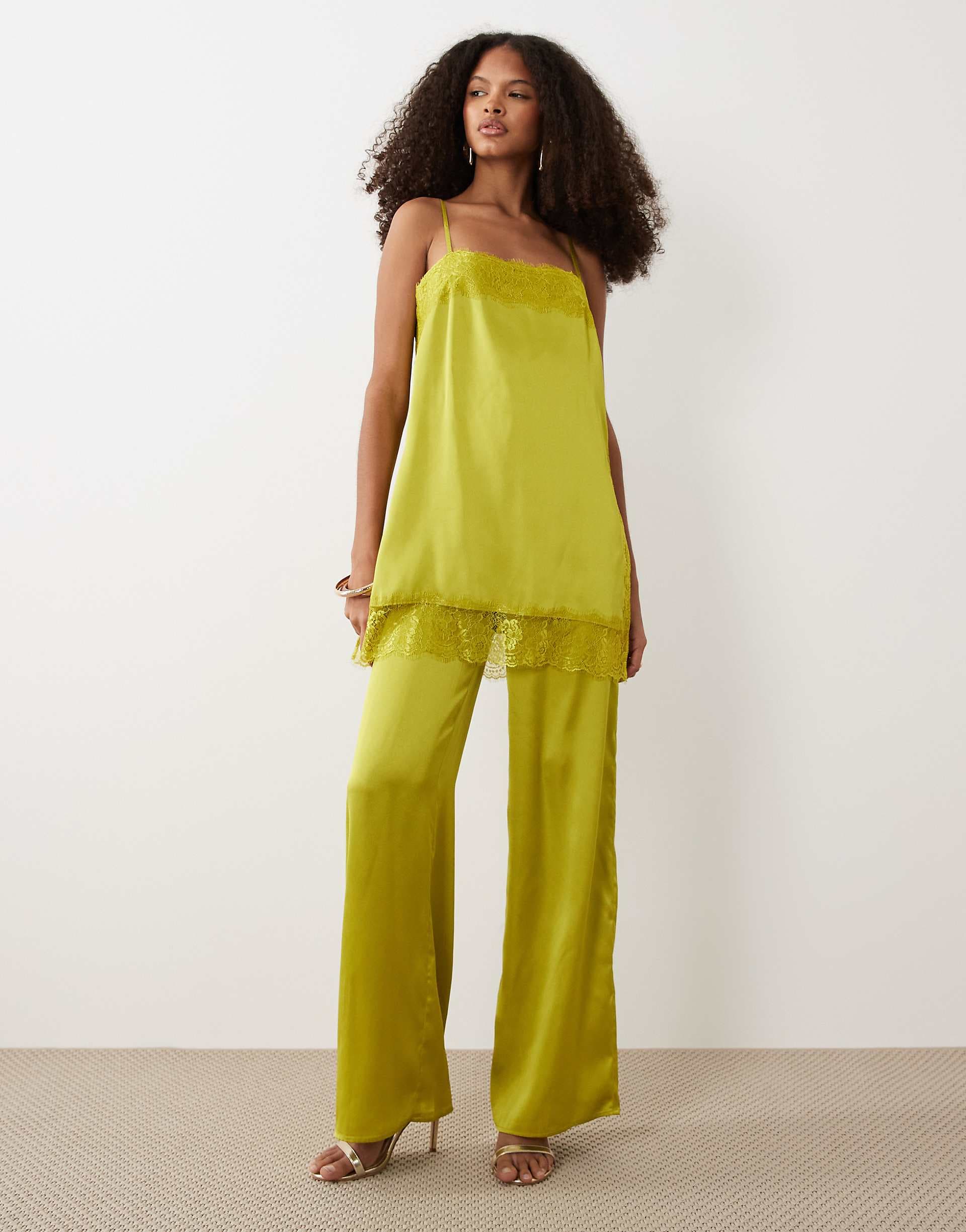 ASOS DESIGN lace trim satin cami jumpsuit in green