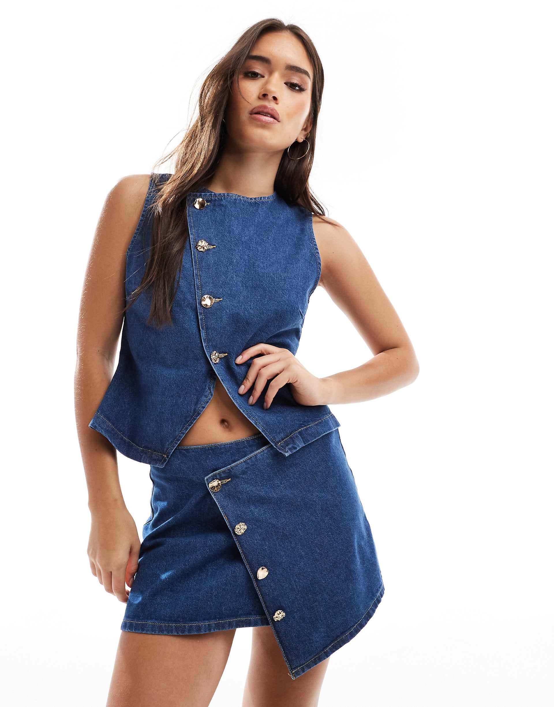 ASOS DESIGN asymmetric wrap front denim micro mini skirt with gold buttons in mid blue - part of a set