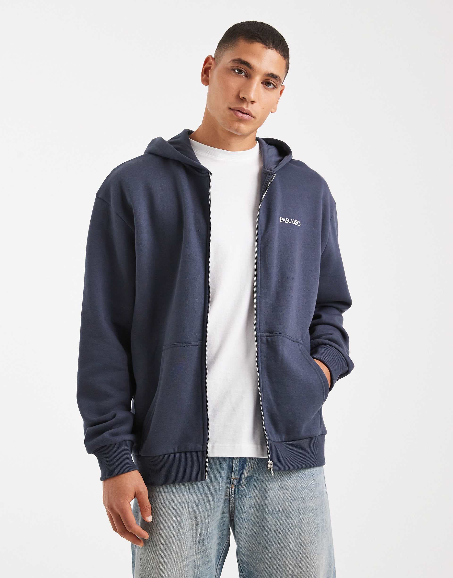 ASOS DESIGN relaxed zip up hoodie with applique print in blue
