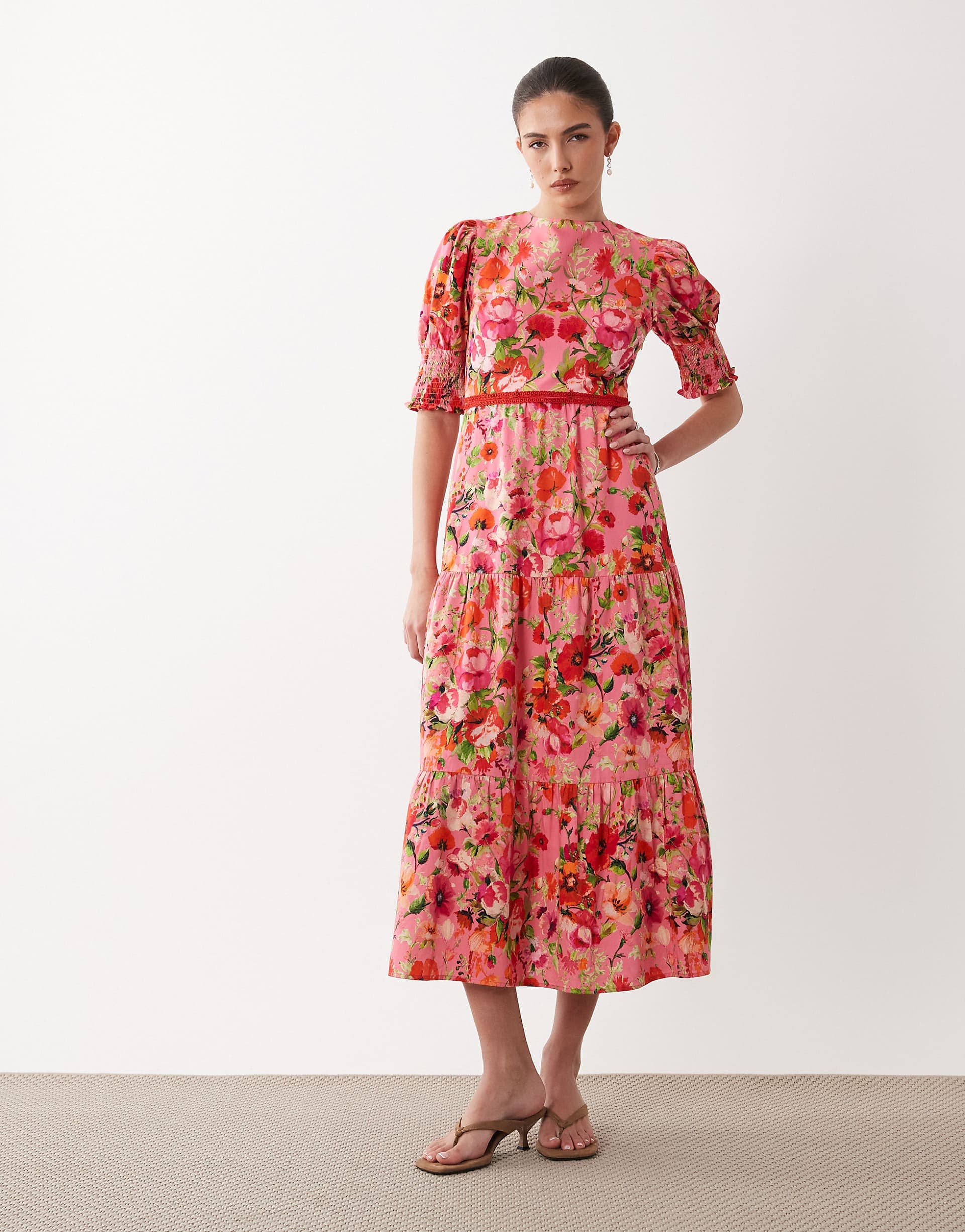 Hope & Ivy bow back midi day dress in pink floral