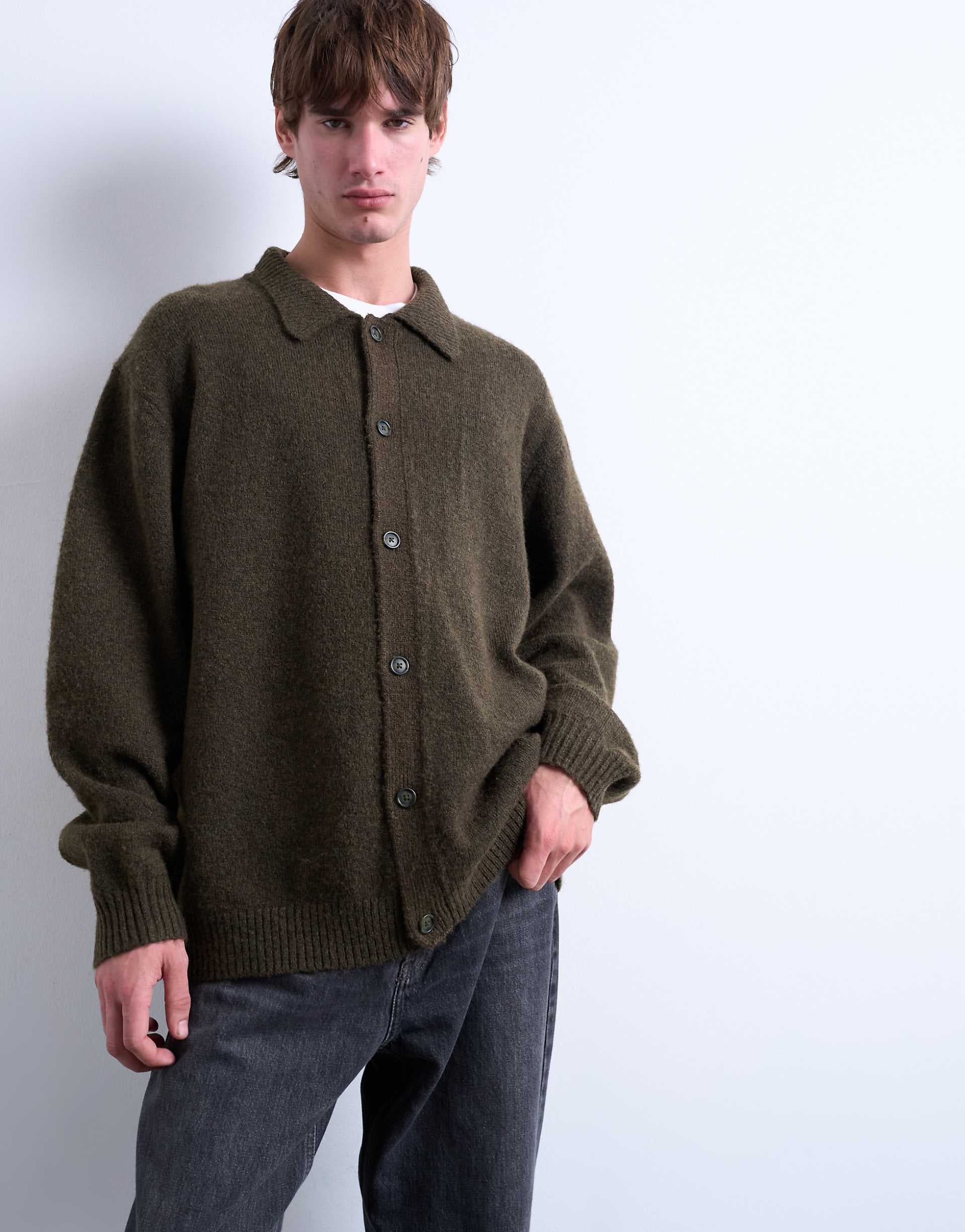 Topman oversized fit button up cardigan in khaki green