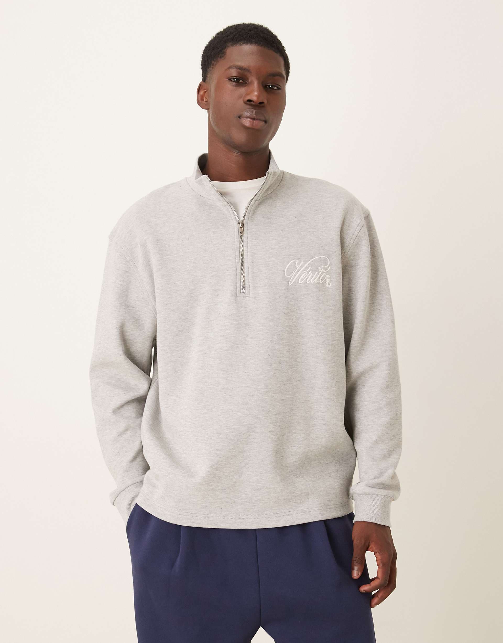 ASOS DESIGN oversized half zip sweatshirt with chest embroidery in heather gray - part of a set