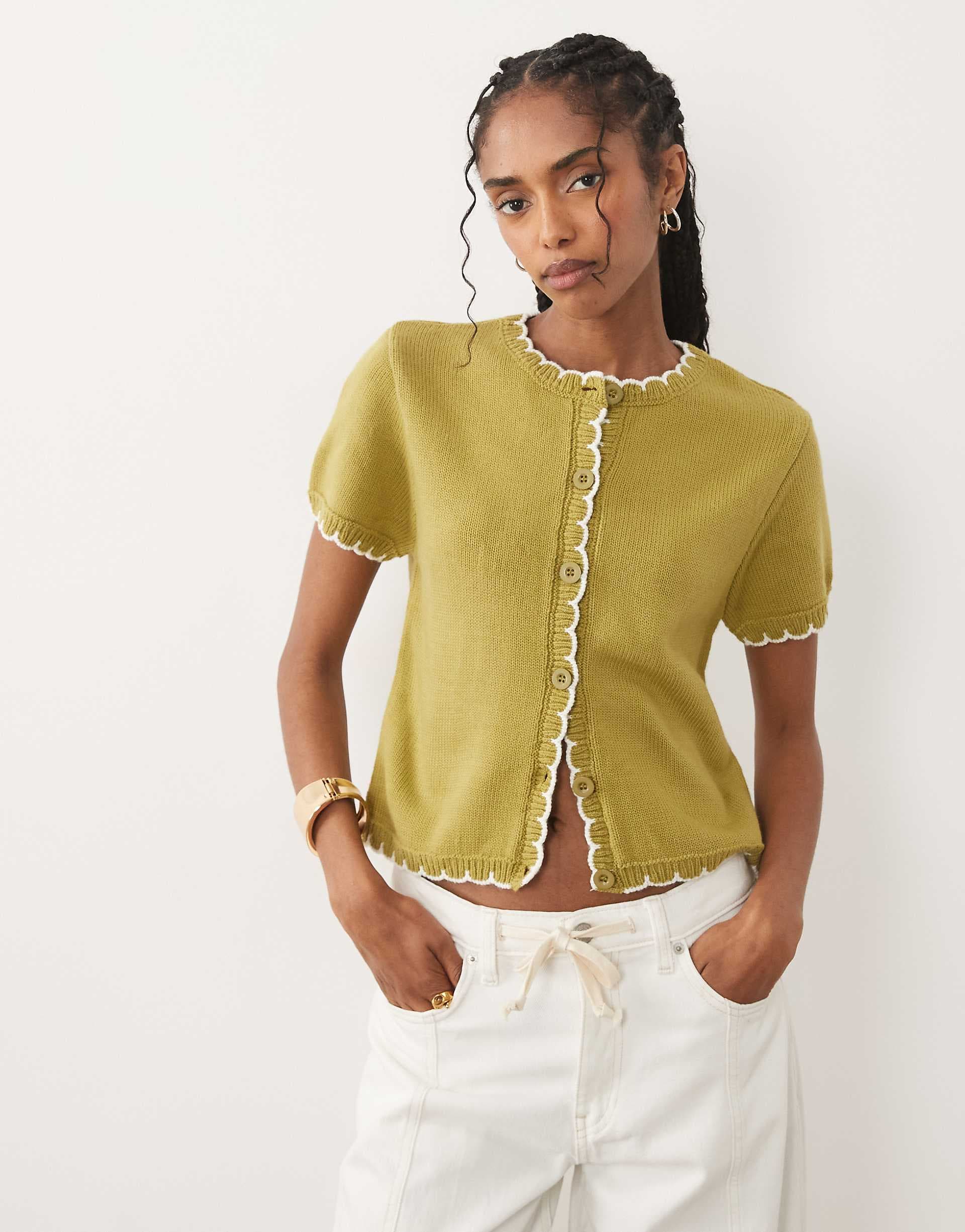 Miss Selfridge short sleeve knit blanket stitch cardigan in green