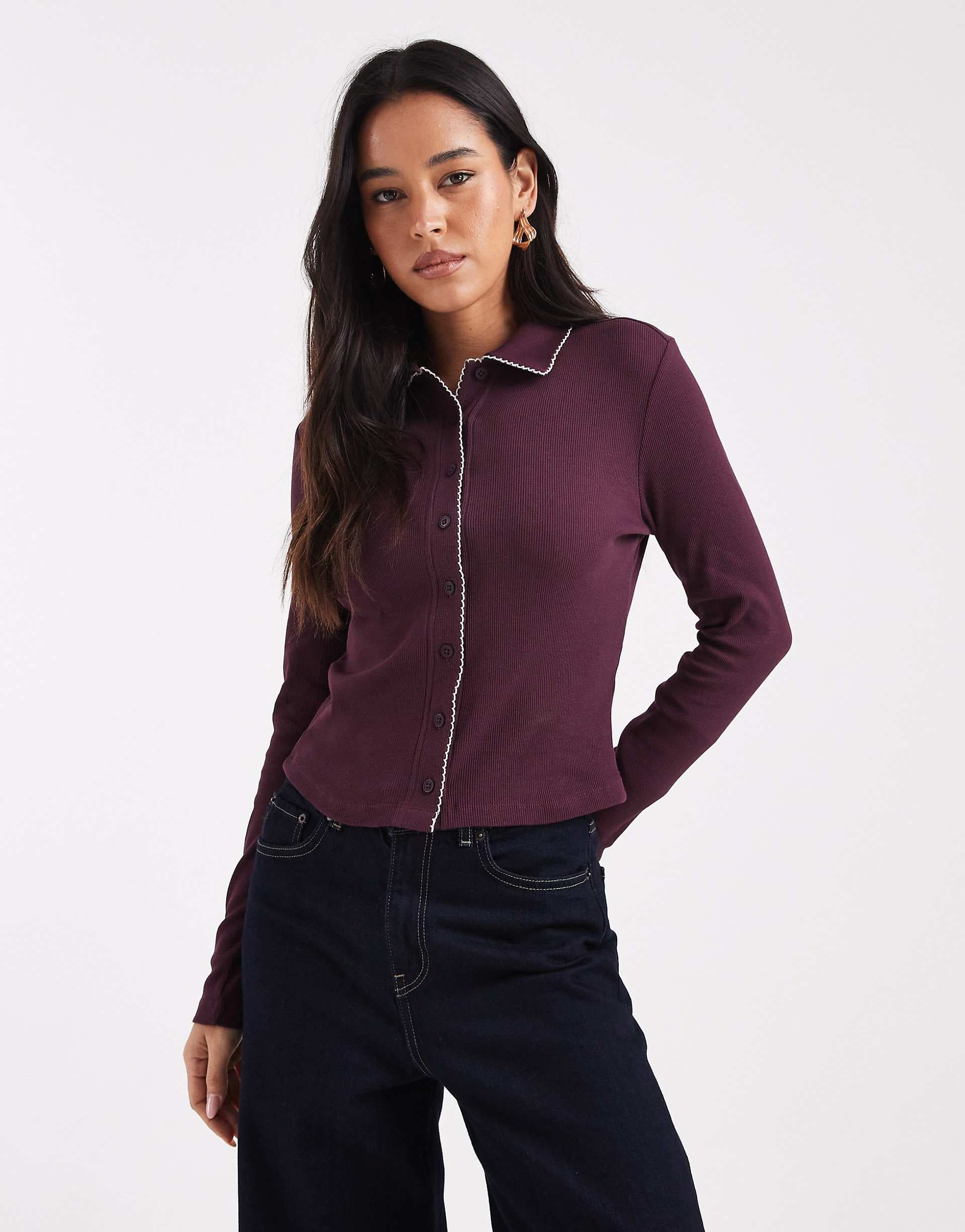 Miss Selfridge button up ribbed shirt with blanket stitch detailing in plum
