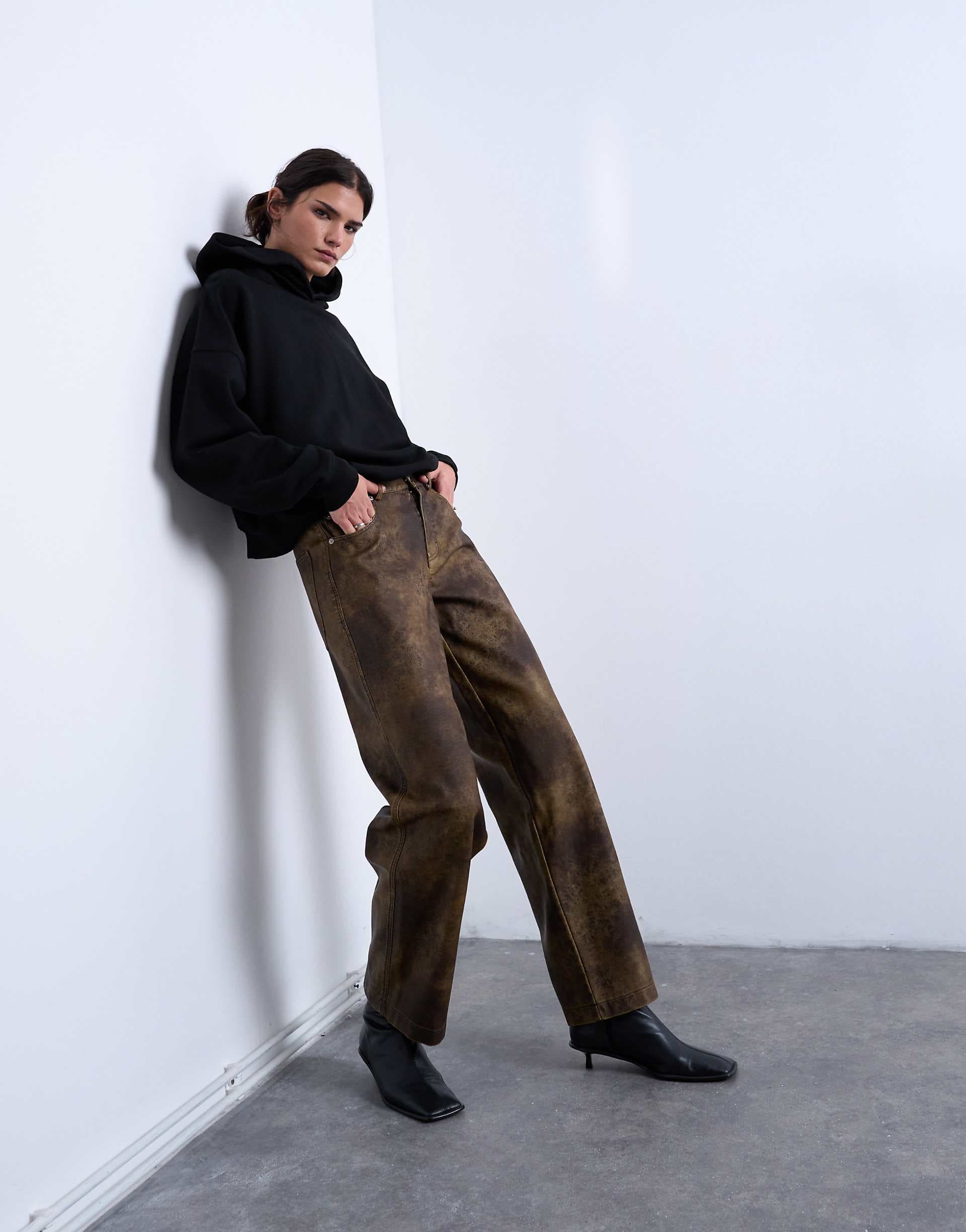 Topshop faux leather washed brown straight leg pants in brown