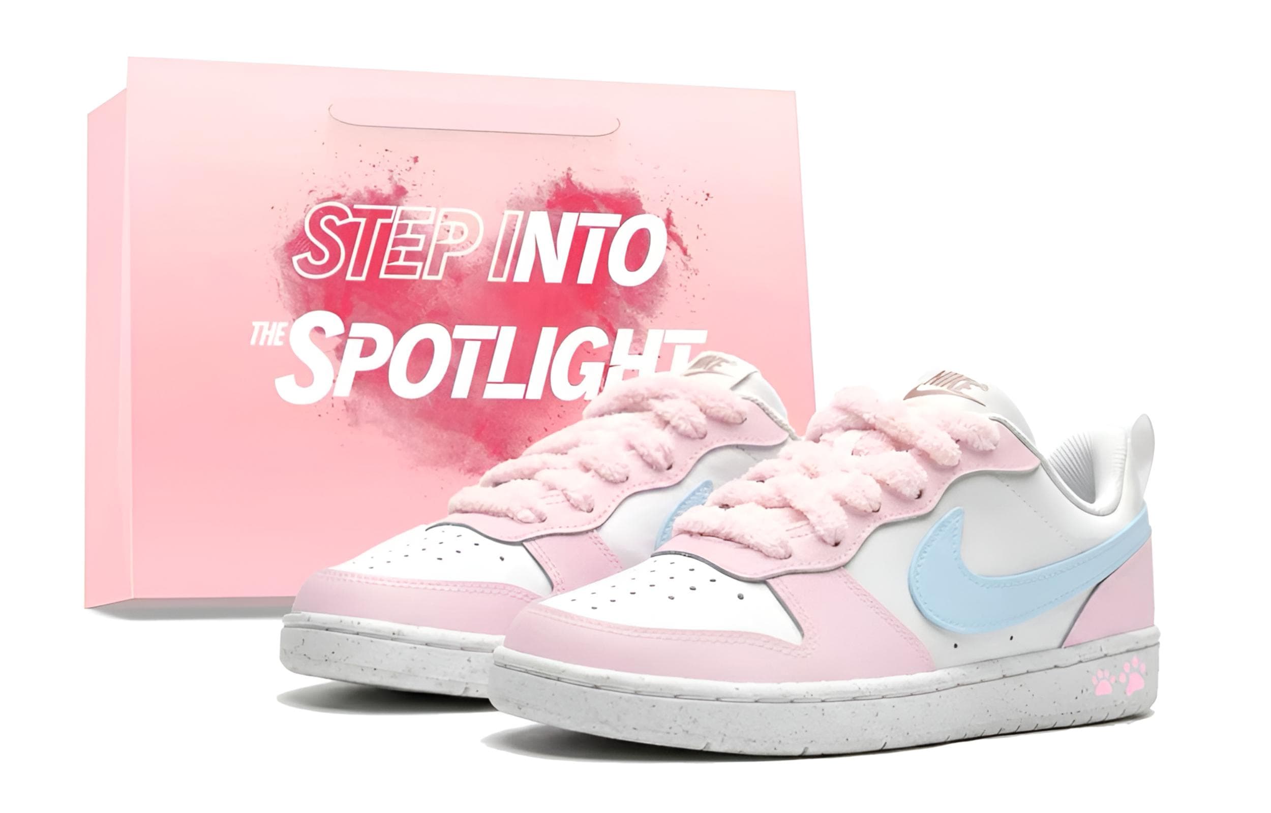 Custom SneakersNike Court Borough Leather Pink Cat Paw GS Girlfriend Cute Sweet Dopamine Low-Top Skate Shoes Women's Pink