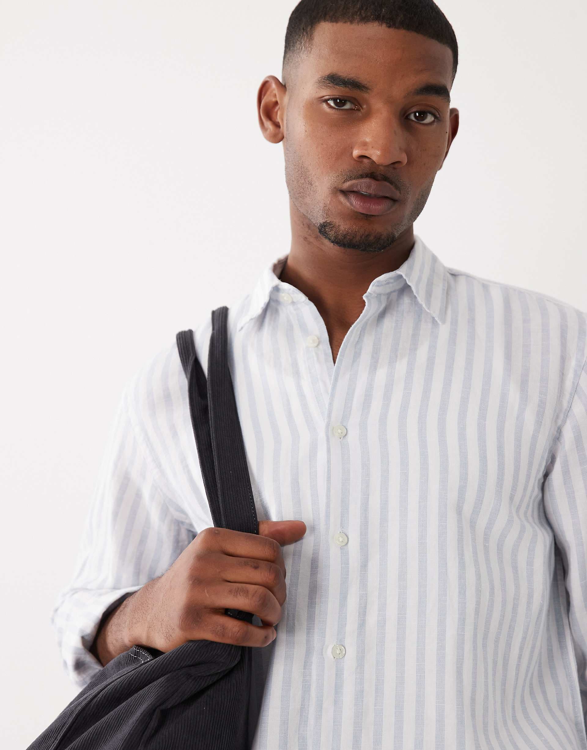 Selected linen blend long sleeve shirt in blue stripes