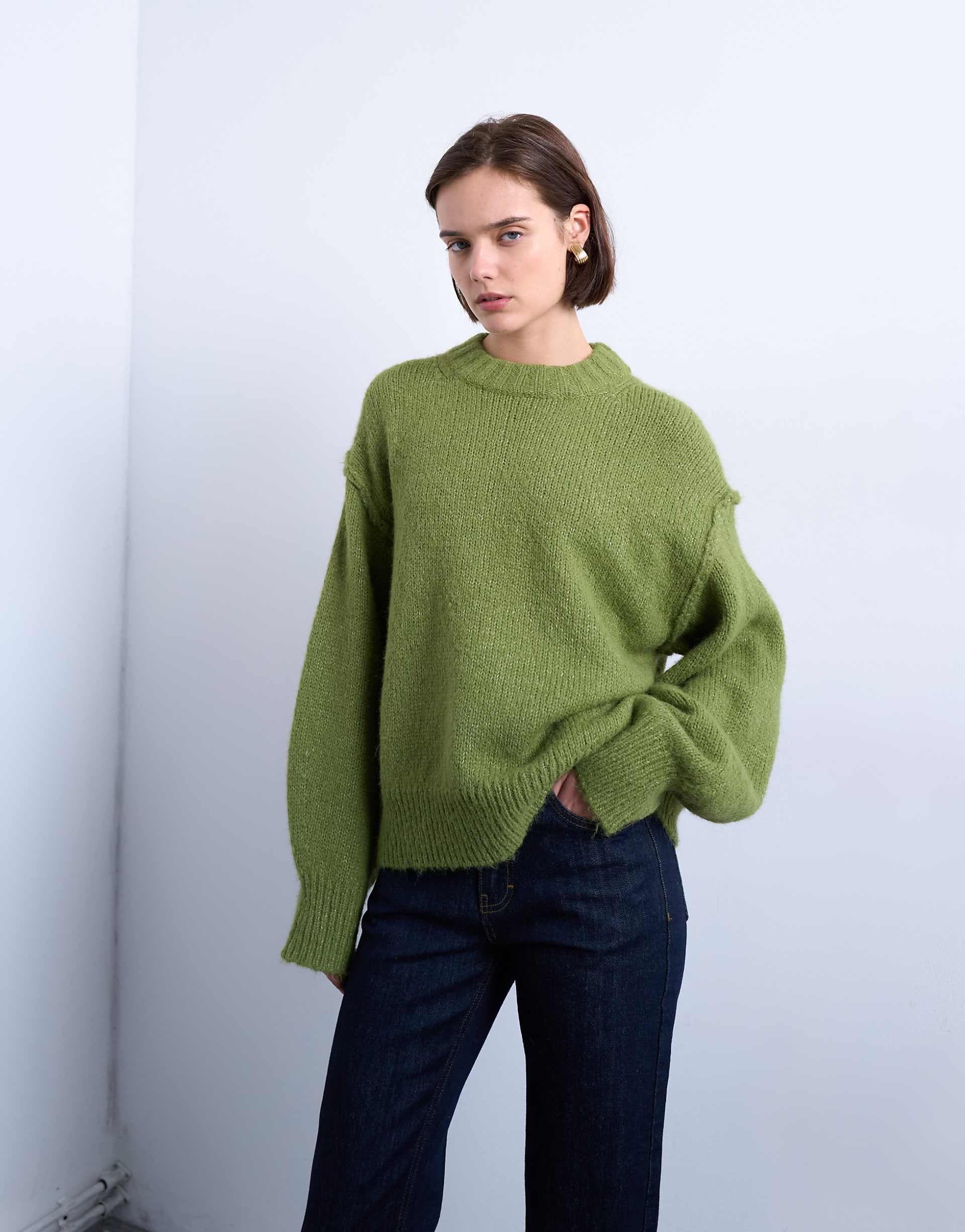 Topshop knit wool blend fluffy exposed seams easy sweater in green