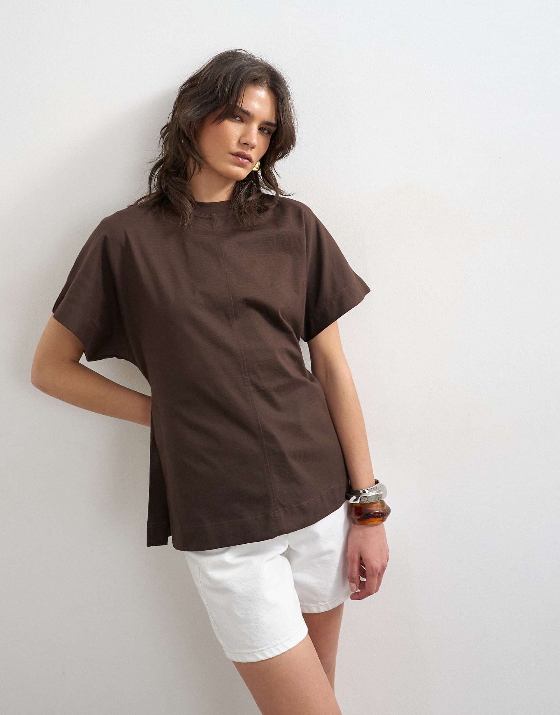 Topshop slit side tee in dark chocolate