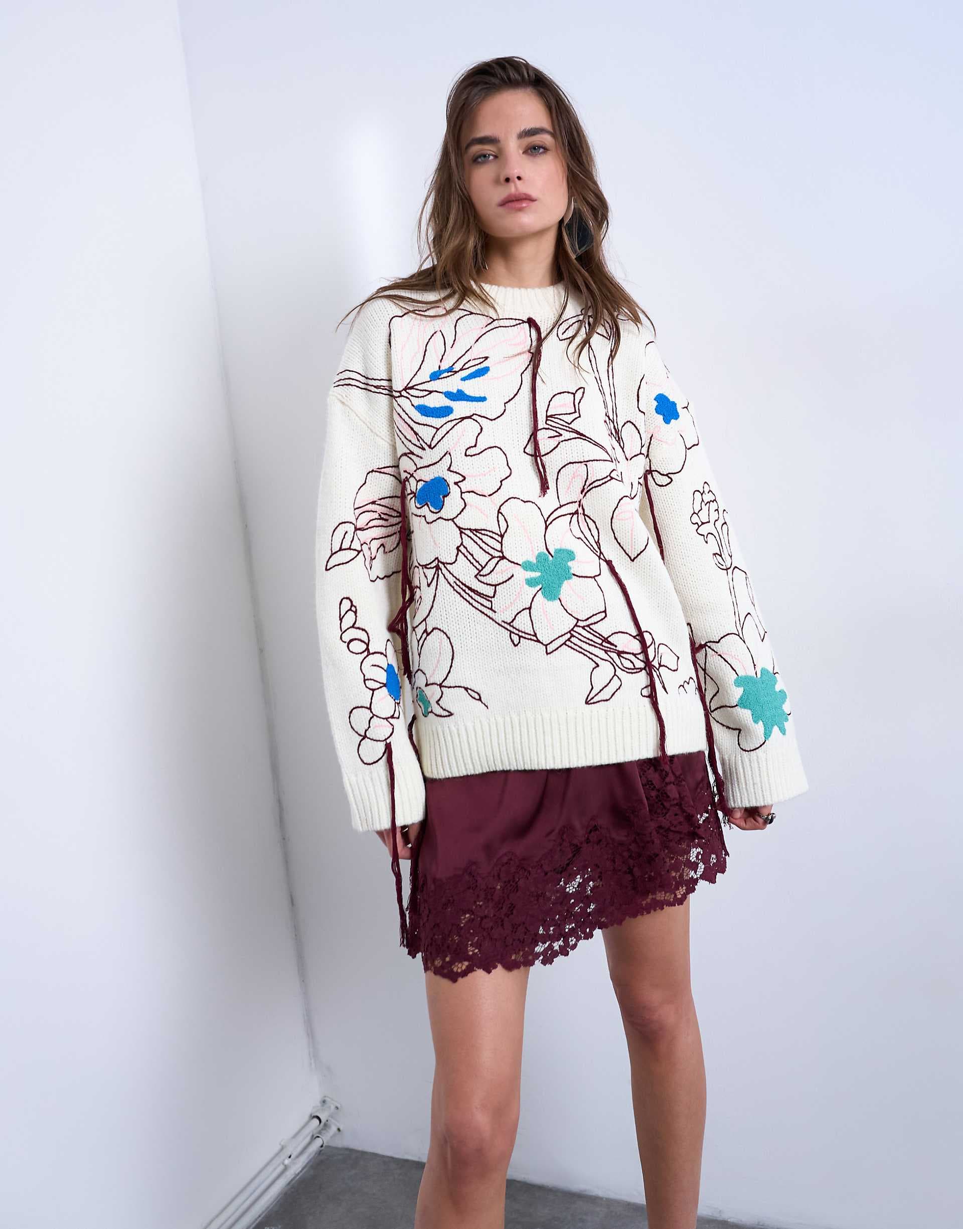 Topshop knit premium oversized embroidered sweater in ivory