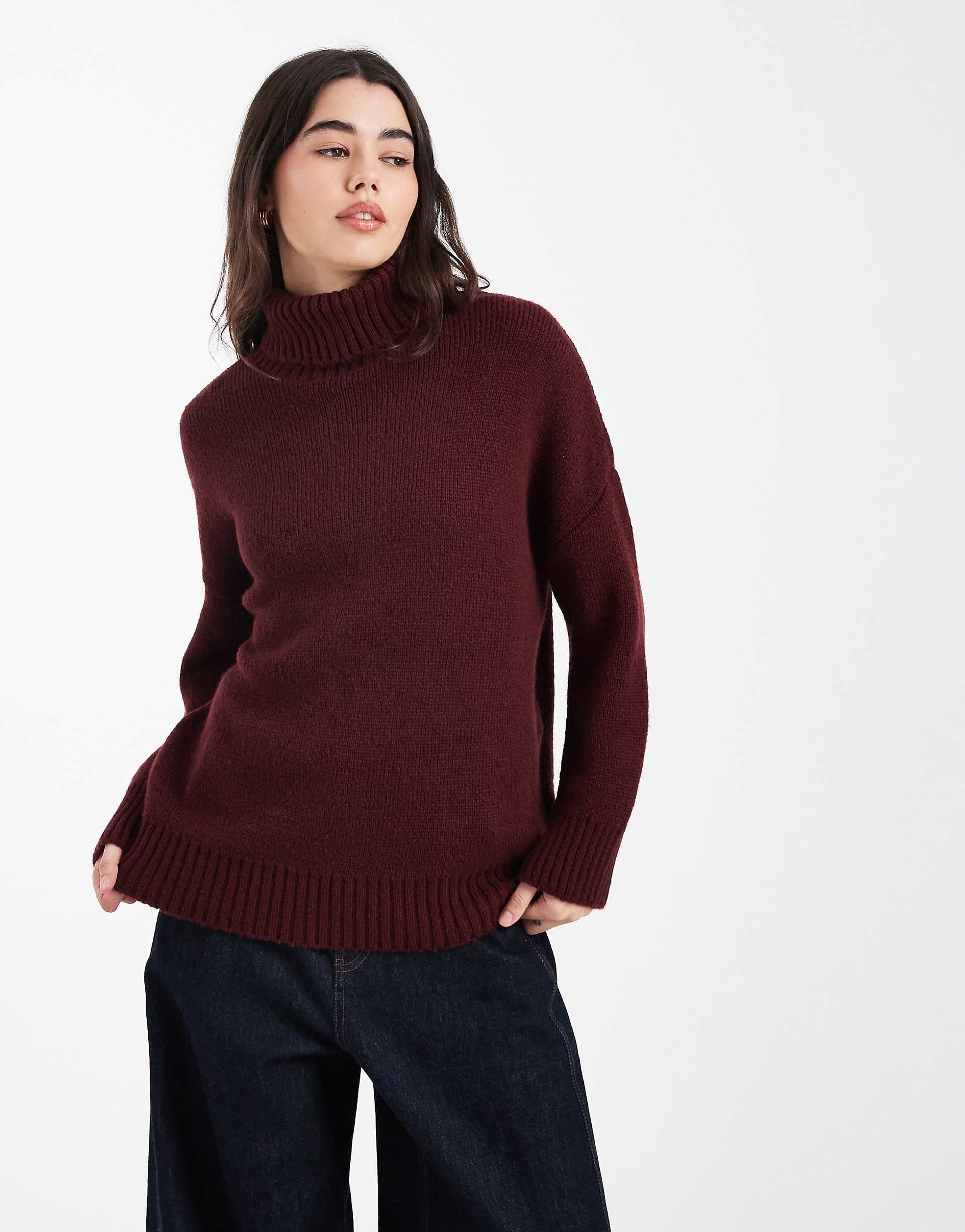 Miss Selfridge roll neck split hem sweater in plum